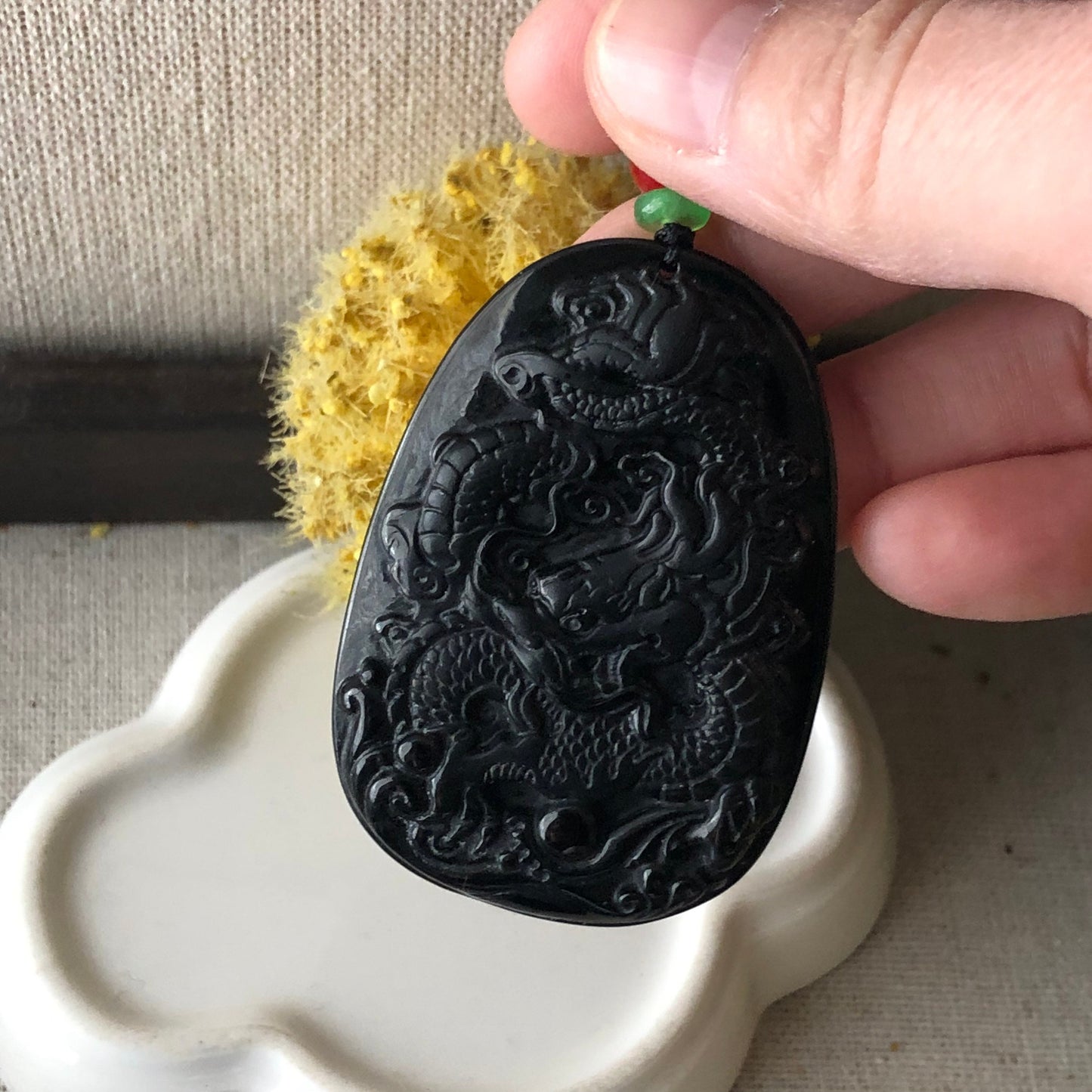 54mm Black Omphacite Jadeite Jade Carved Dragon Pendant