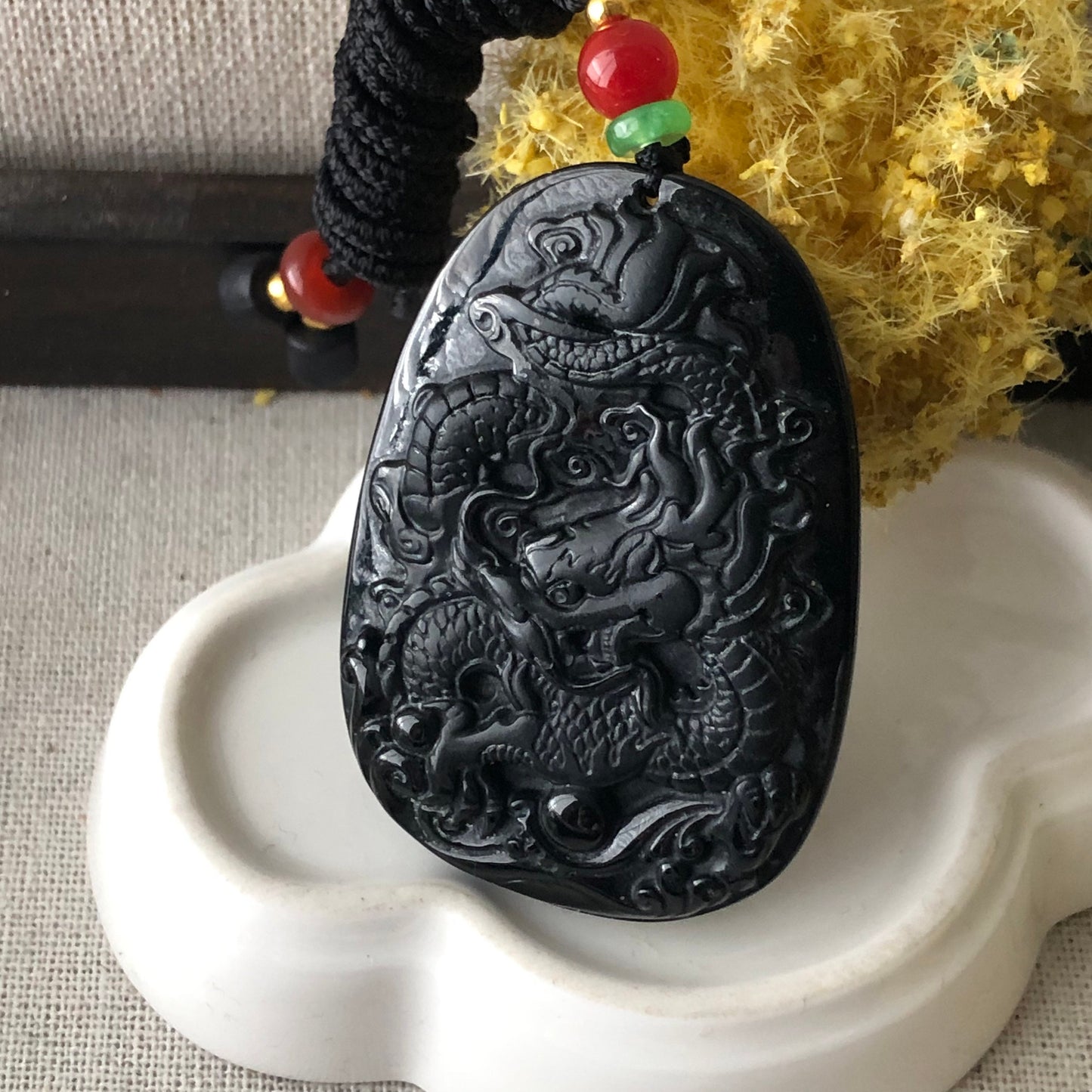 54mm Black Omphacite Jadeite Jade Carved Dragon Pendant