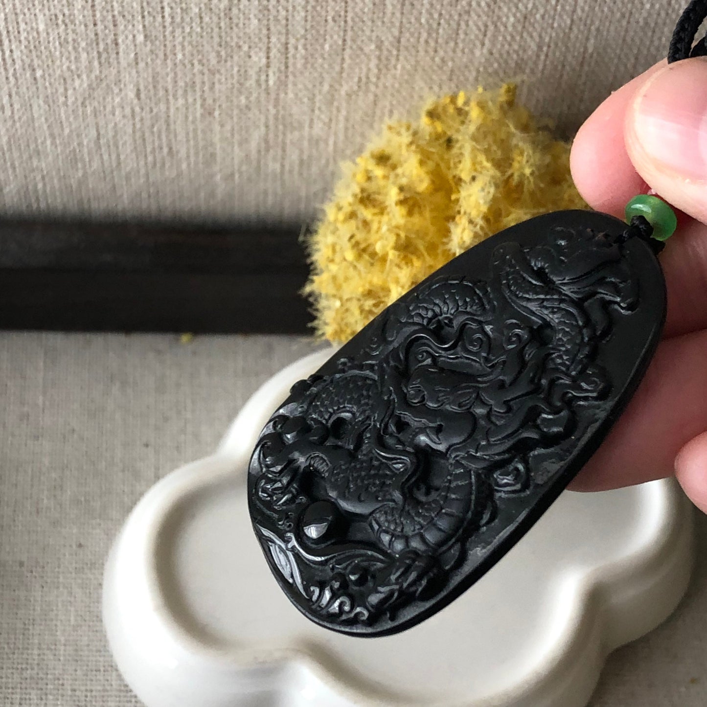 54mm Black Omphacite Jadeite Jade Carved Dragon Pendant