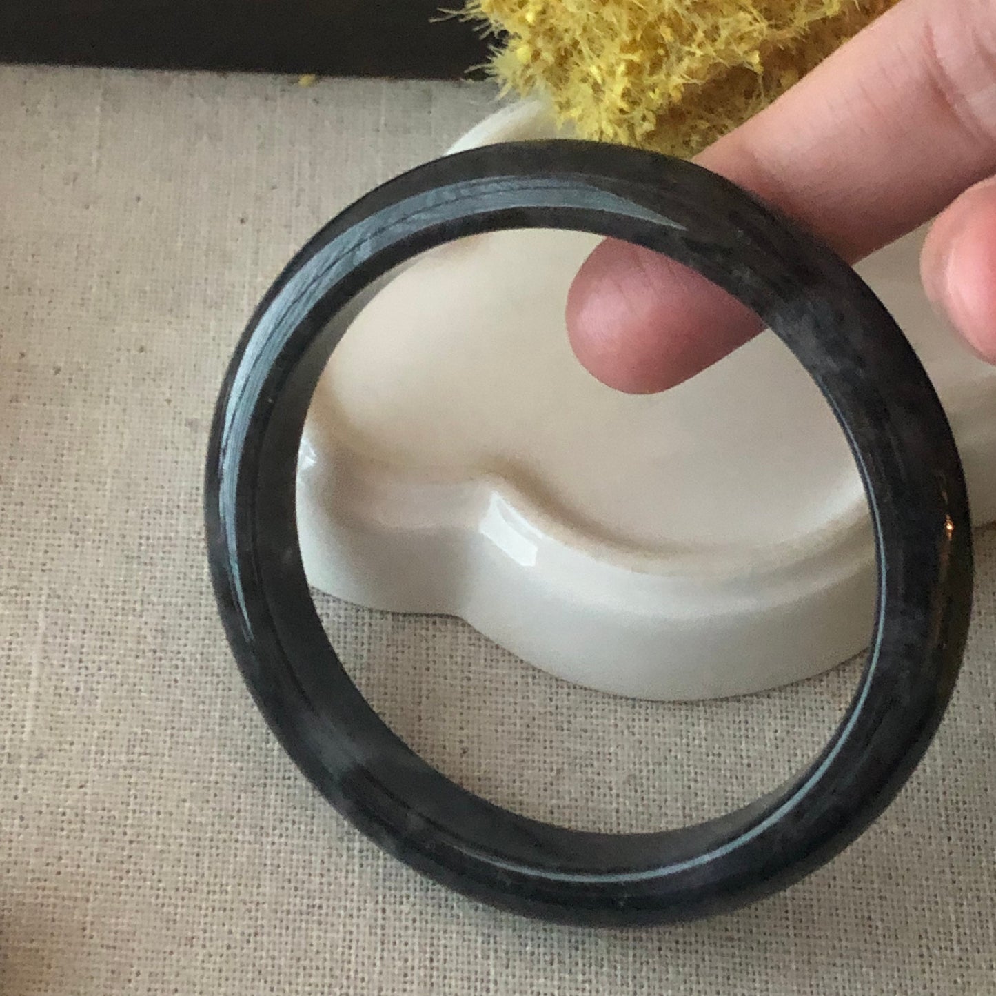 57mm Icy Wuji Black Jadeite Jade D shaped slim Bangle