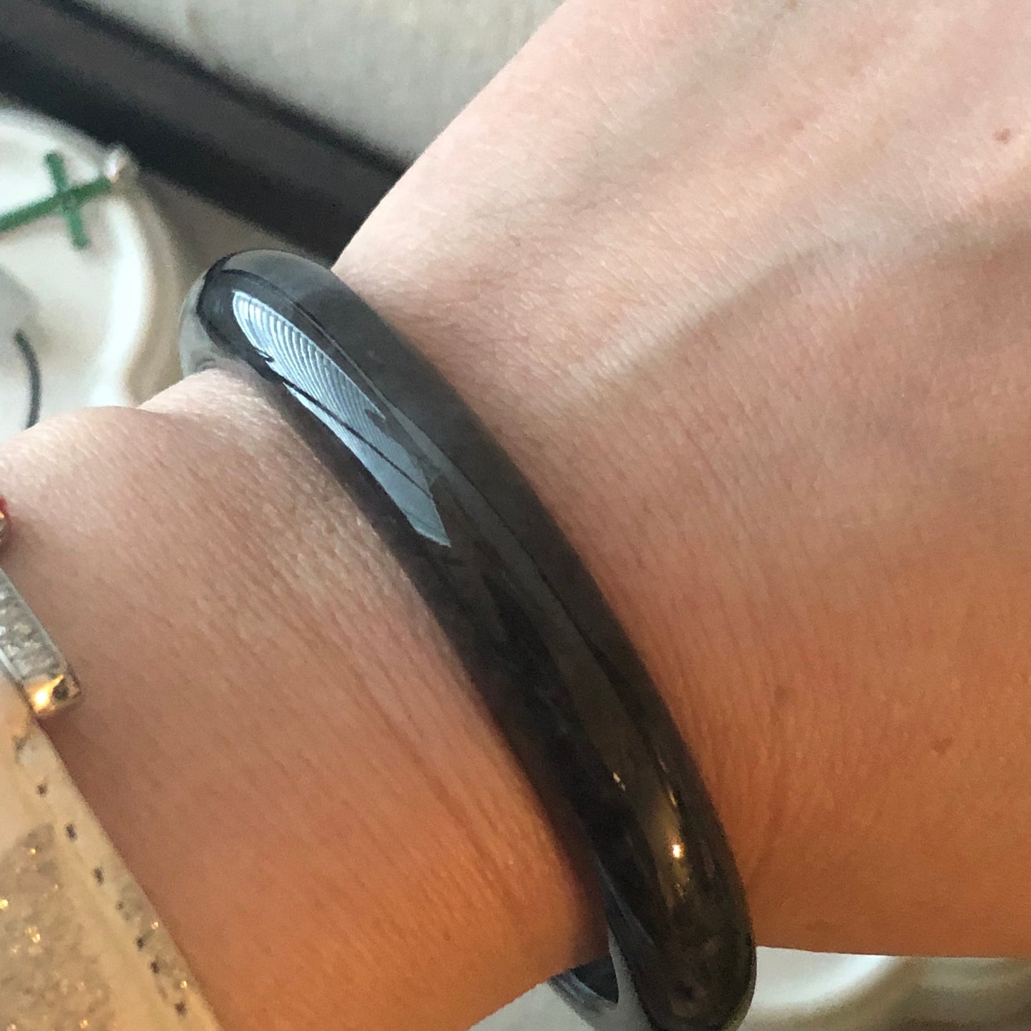 57mm Icy Wuji Black Jadeite Jade D shaped slim Bangle