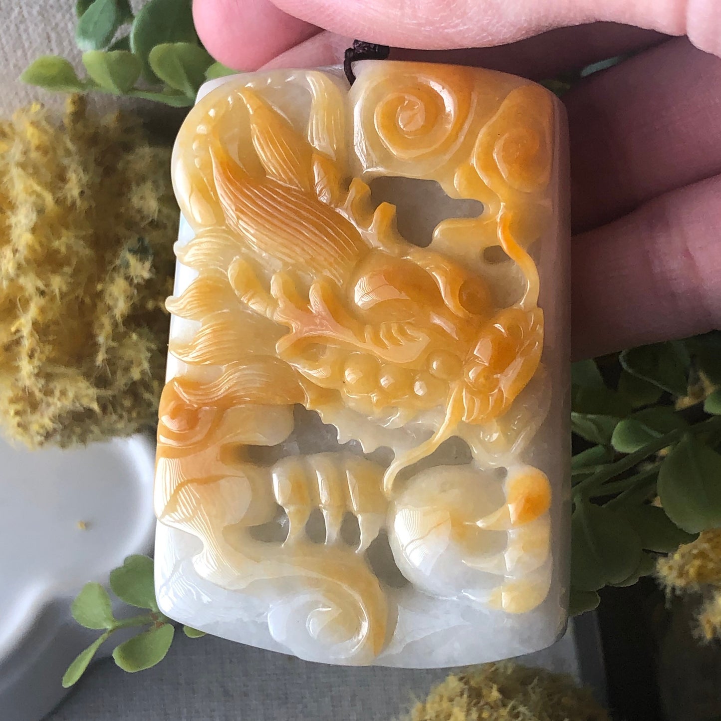 62mm Jadeite Jade Yellow Carved Dragon Pendant Neck Rope Tie