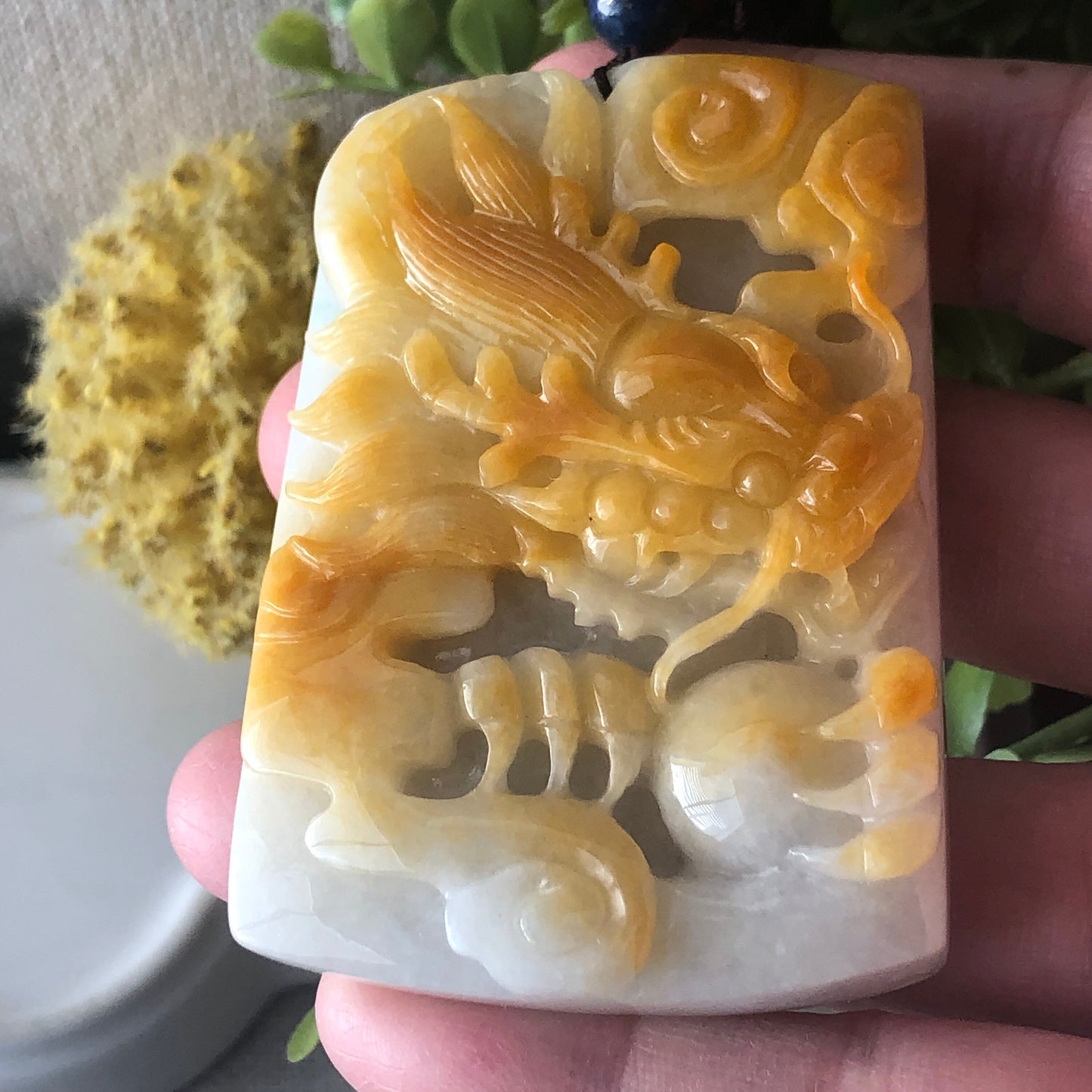 62mm Jadeite Jade Yellow Carved Dragon Pendant Neck Rope Tie