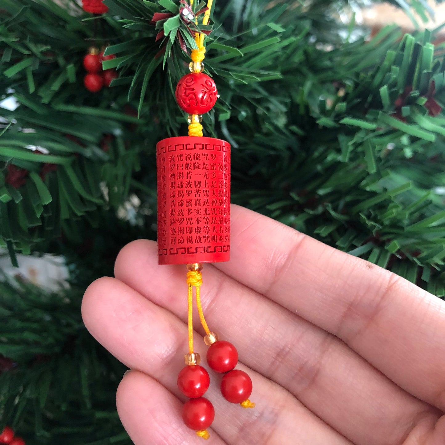 23 mm Cinnabar Carved Six Word Blessings Pole Key Charm Pendant