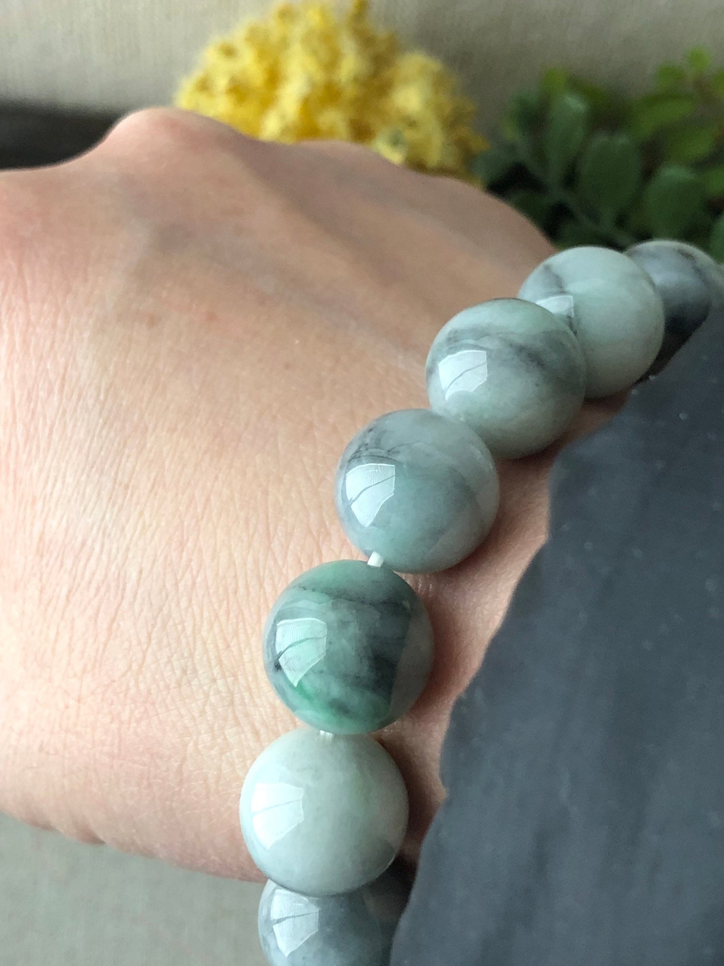 13.4mm Jade Jadeite Icy Green Wuji Round Bead Bracelet
