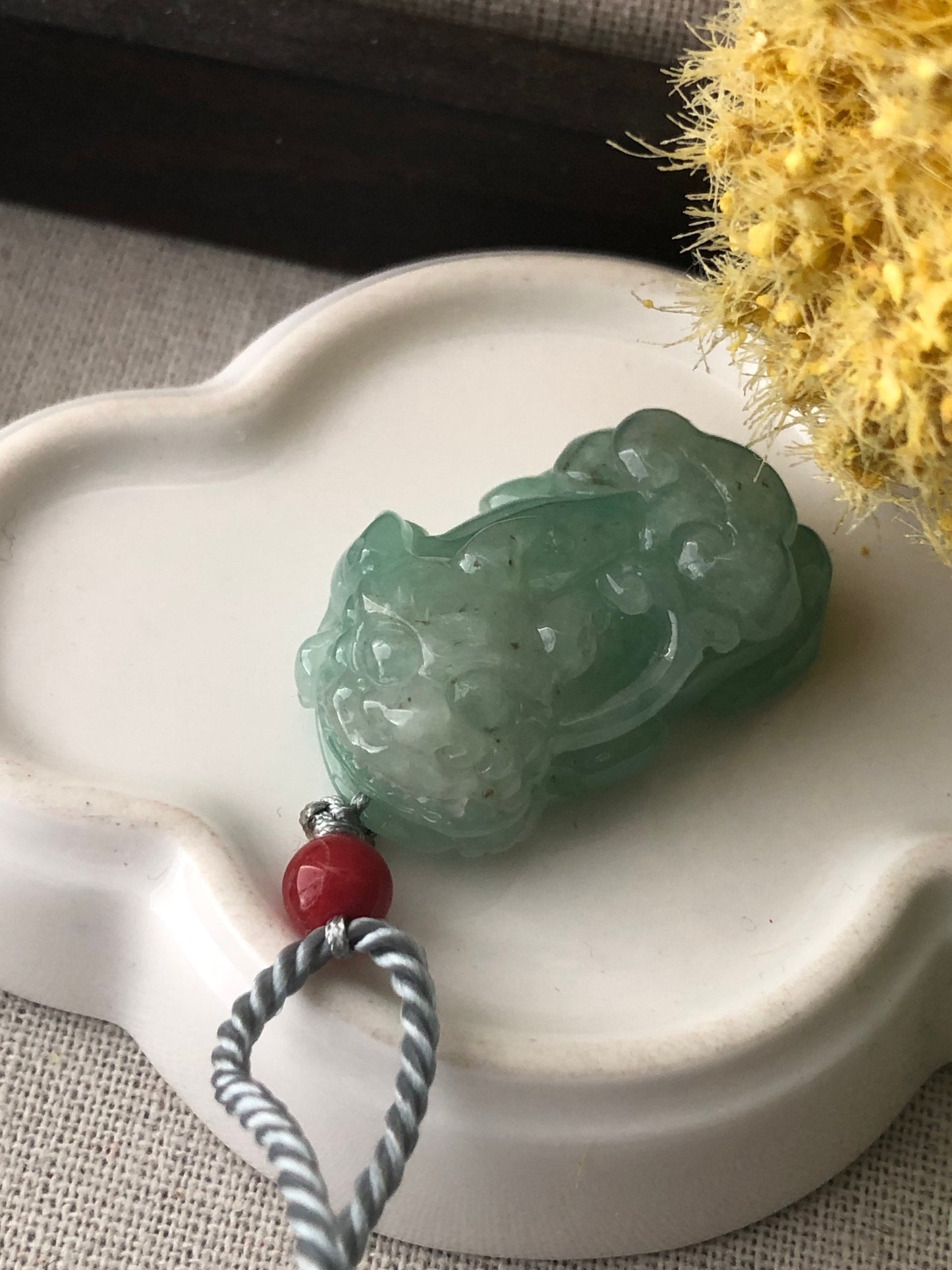 34.3mm Icy Green Jadeite Jade Carved Pixiu Pendant