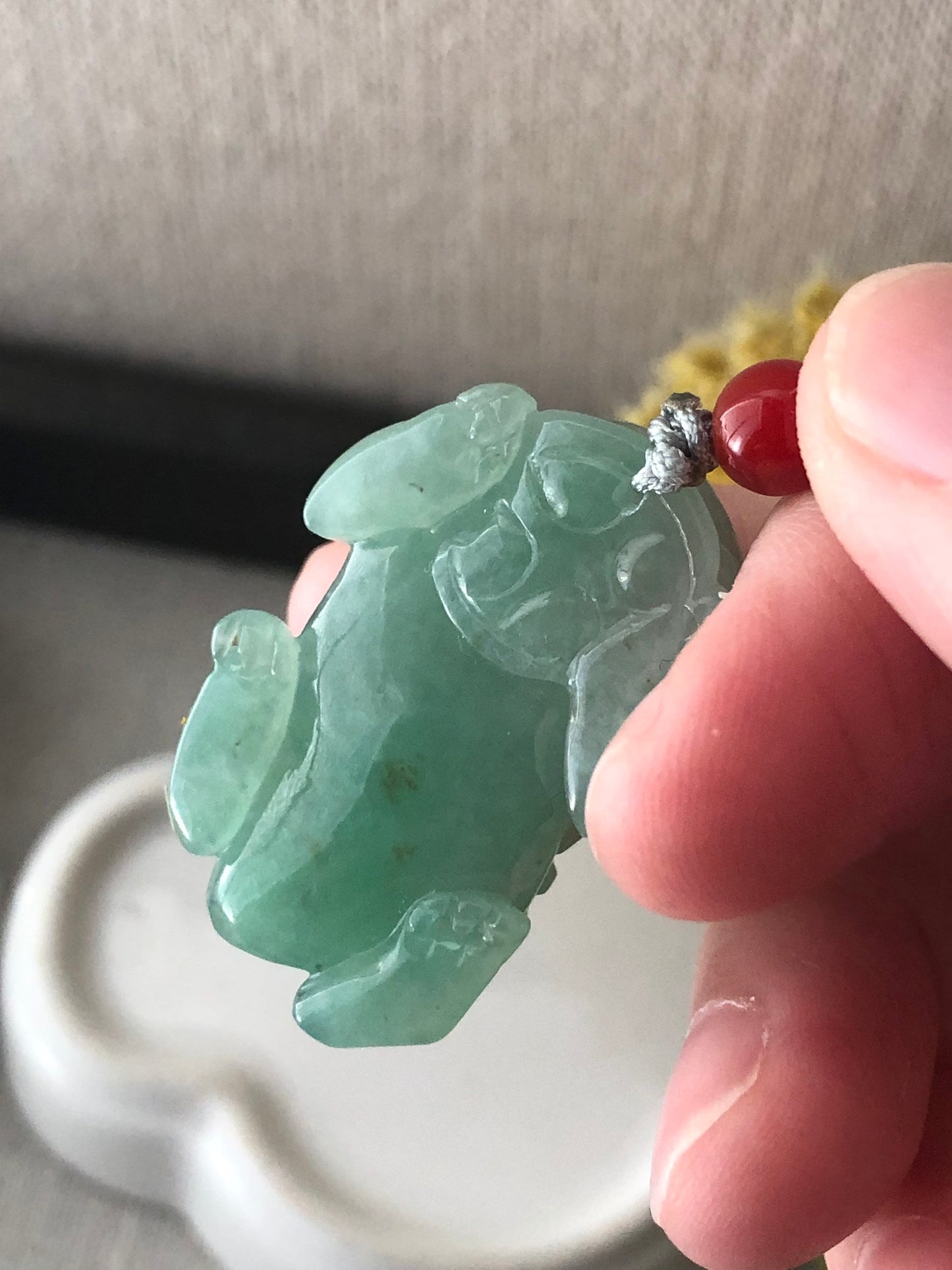 34.3mm Icy Green Jadeite Jade Carved Pixiu Pendant