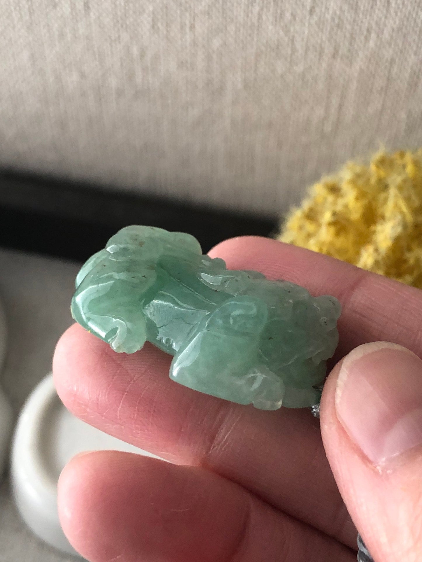 34.3mm Icy Green Jadeite Jade Carved Pixiu Pendant