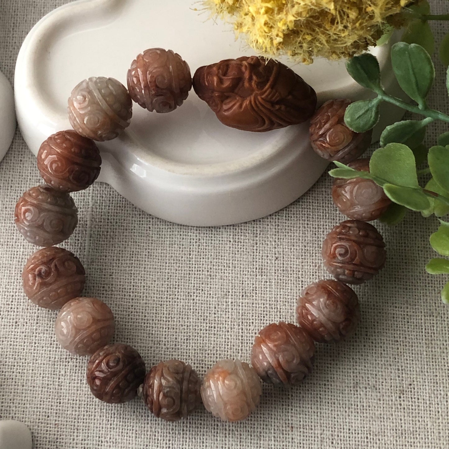 13.4mm Jade Jadeite Earthy Ref Brown Carved Round Bead Bracelet