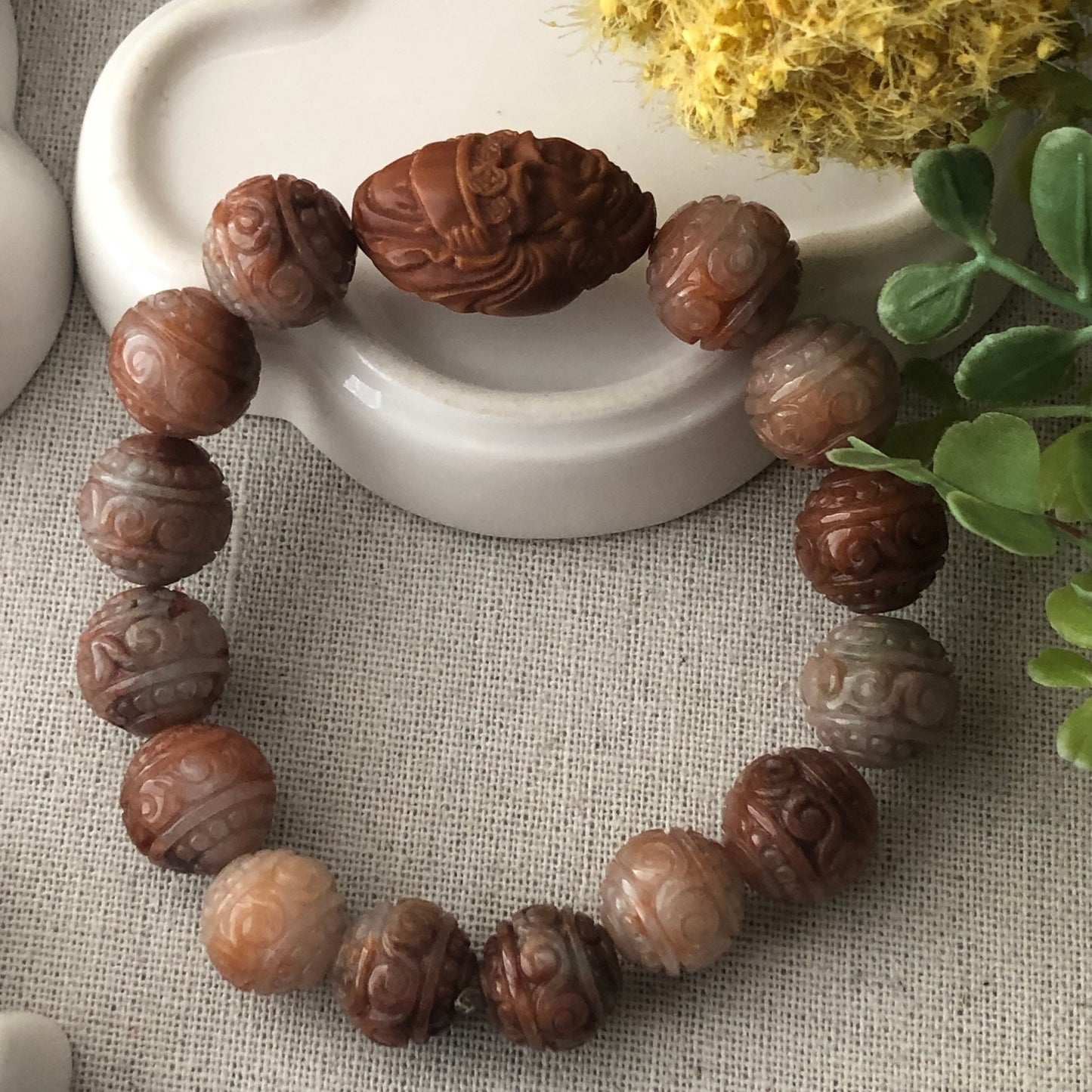 13.4mm Jade Jadeite Earthy Ref Brown Carved Round Bead Bracelet