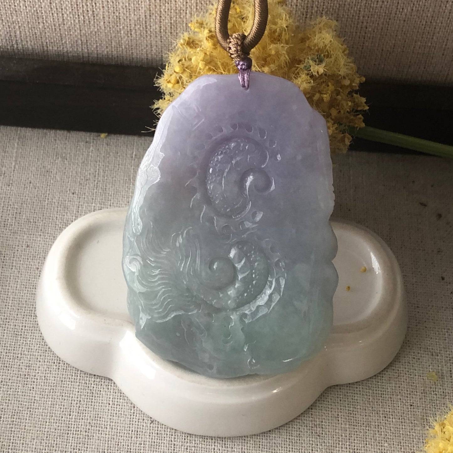 70mm Jadeite Jade Icy Lavender Green tone carved dragon Pendant