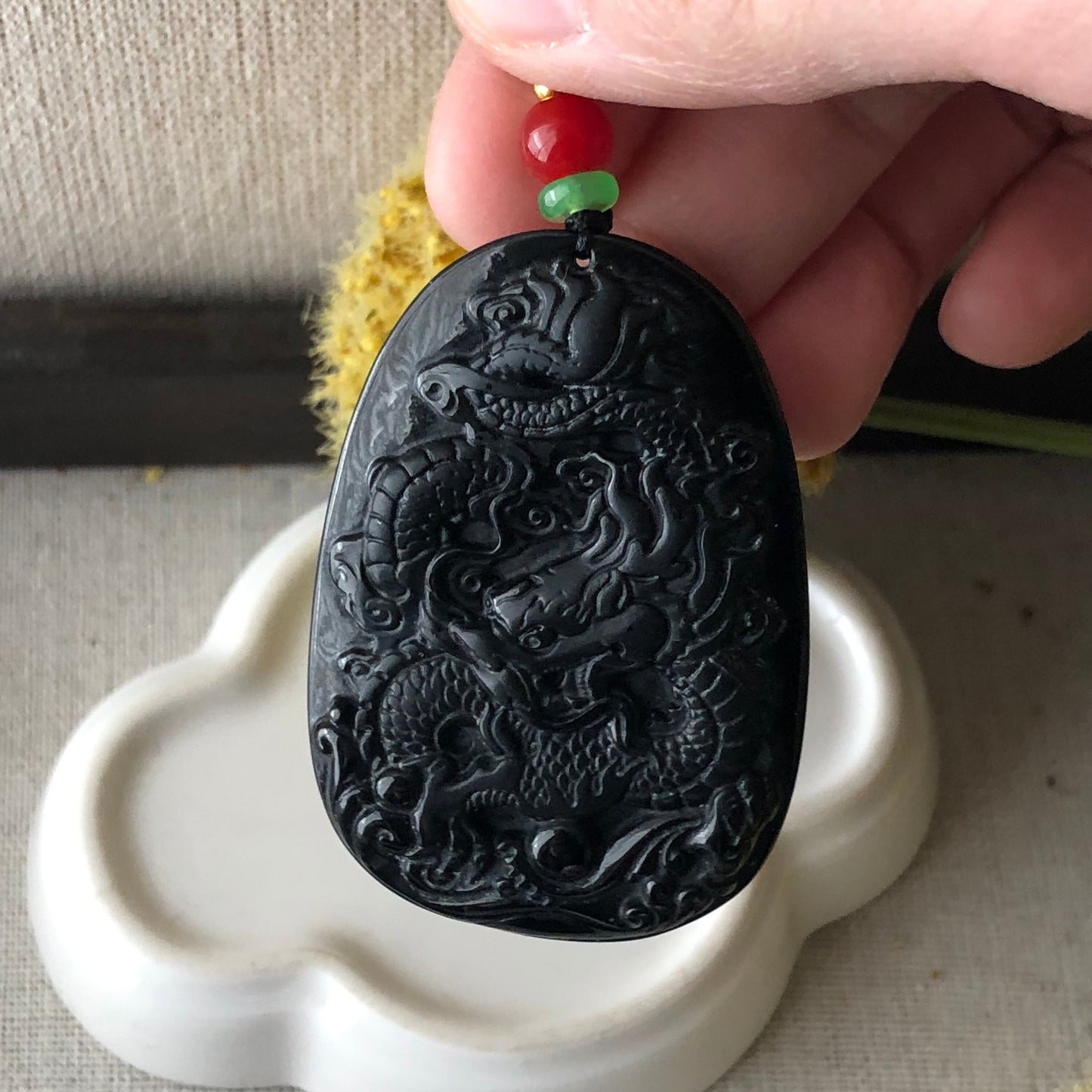 54mm Black Omphacite Jadeite Jade Carved Dragon Pendant