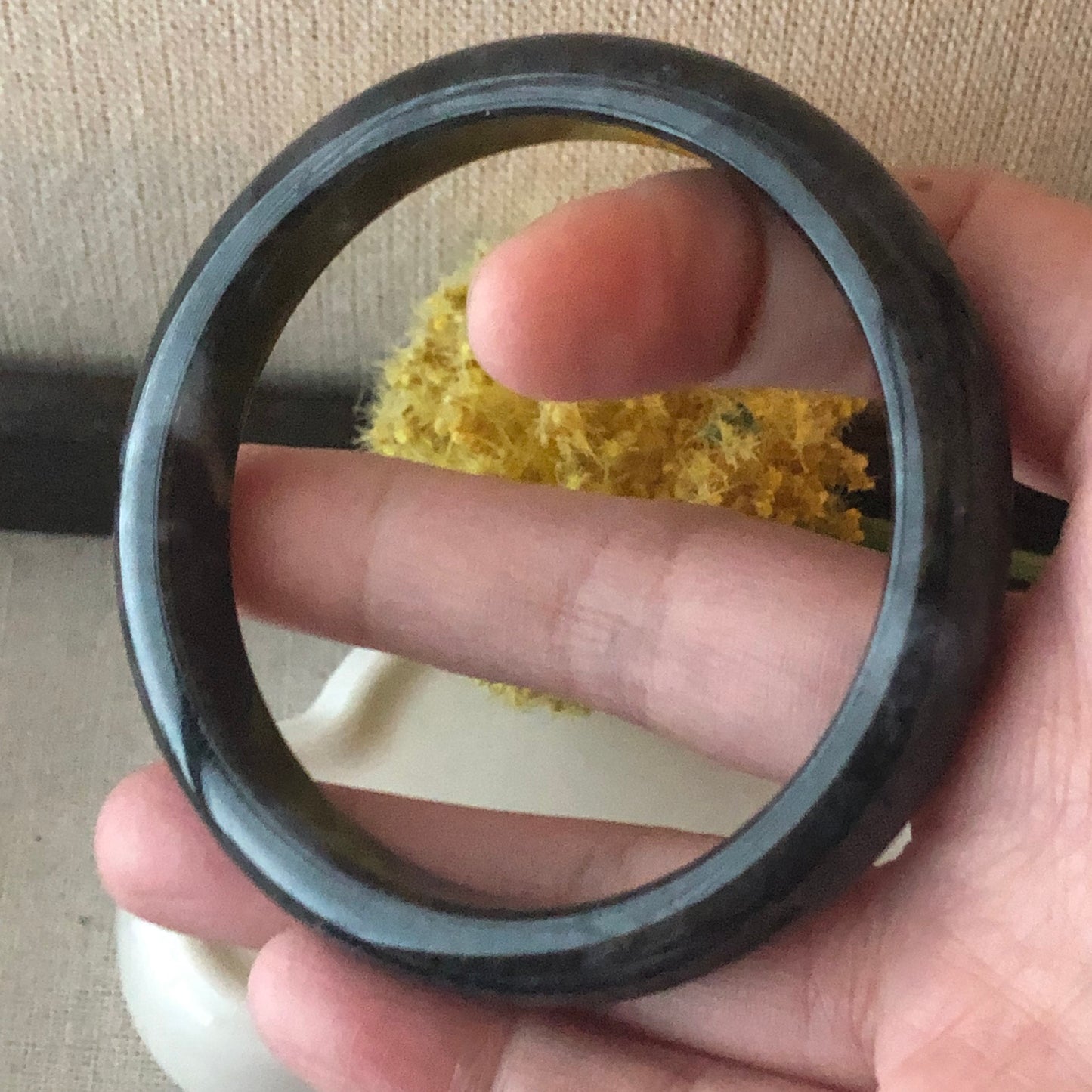 57mm Icy Wuji Black Jadeite Jade D shaped slim Bangle