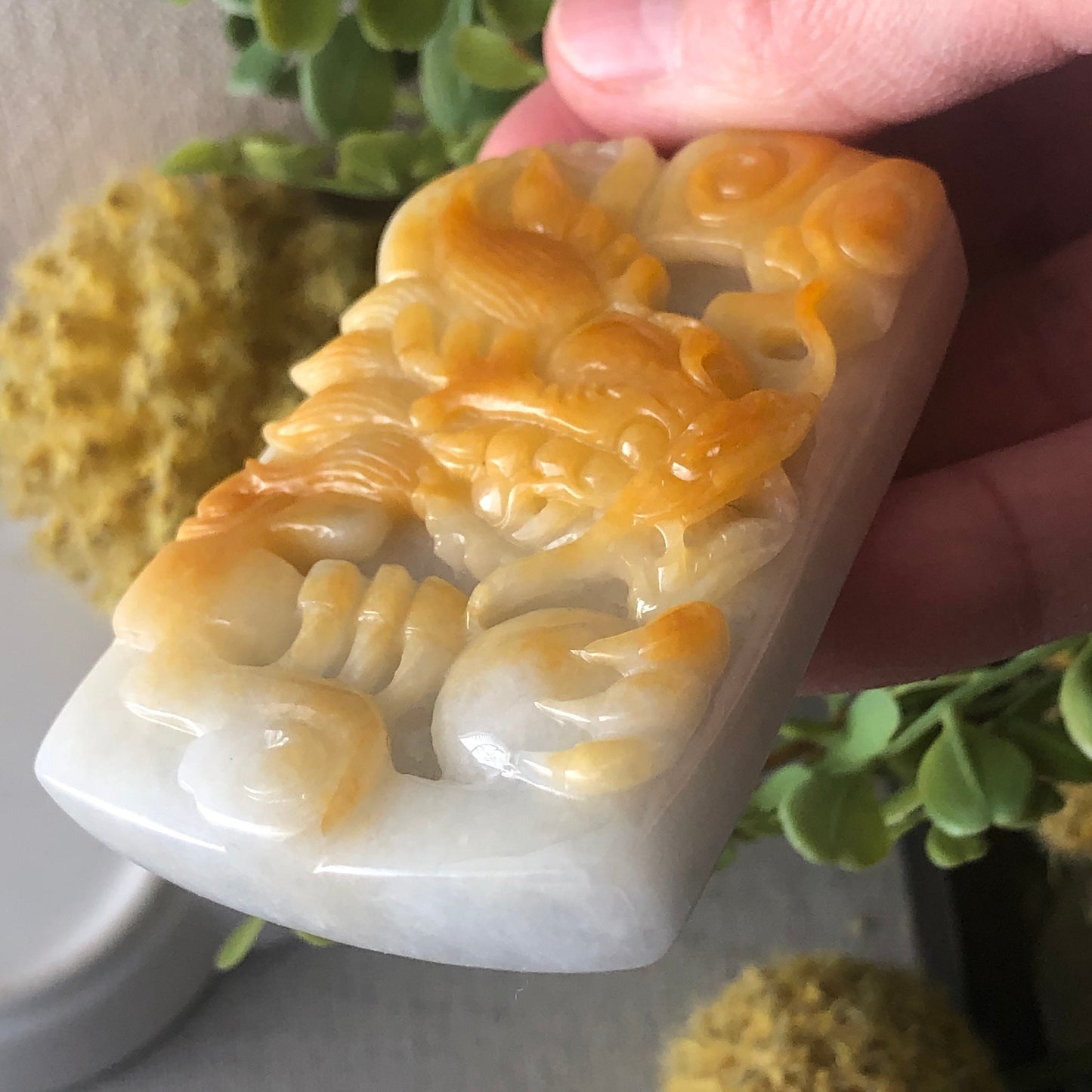 62mm Jadeite Jade Yellow Carved Dragon Pendant Neck Rope Tie