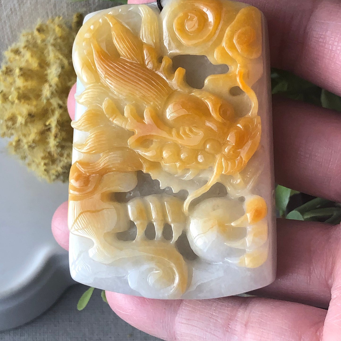 62mm Jadeite Jade Yellow Carved Dragon Pendant Neck Rope Tie