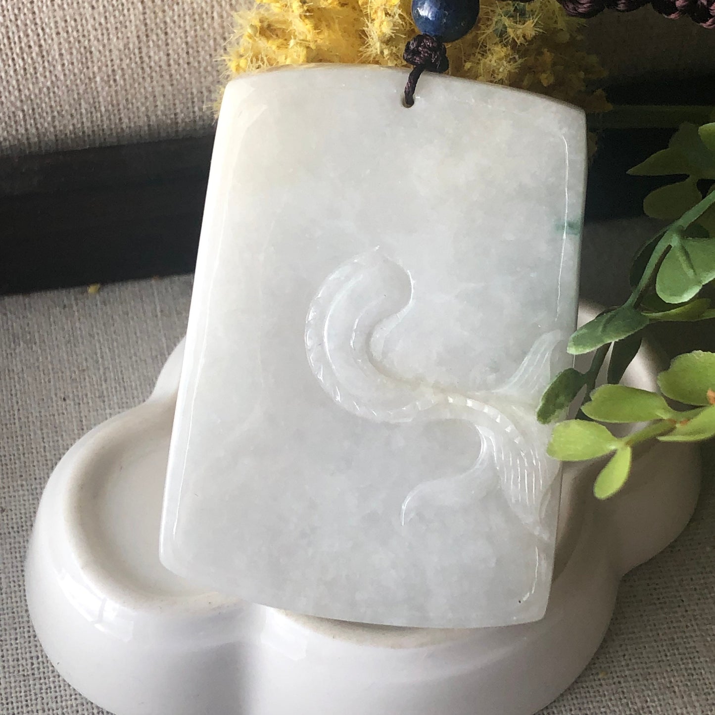62mm Jadeite Jade Yellow Carved Dragon Pendant Neck Rope Tie