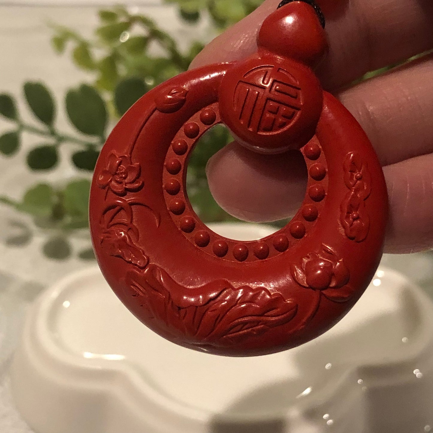 38mm Cinnabar Carved Hulu Ruyi Six Word Blessing Key Charm Donut Pendant