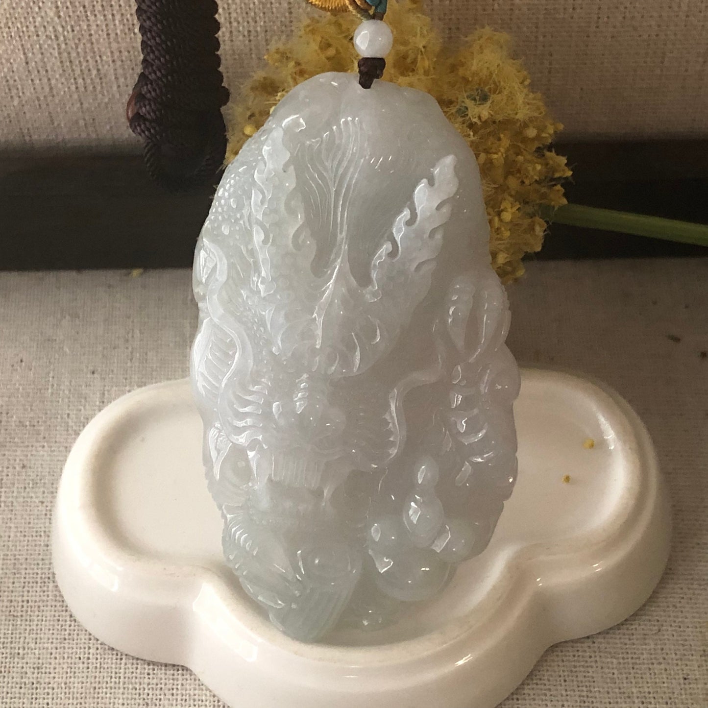 75mm Jadeite Jade Icy light green tone carved dragon Pendant