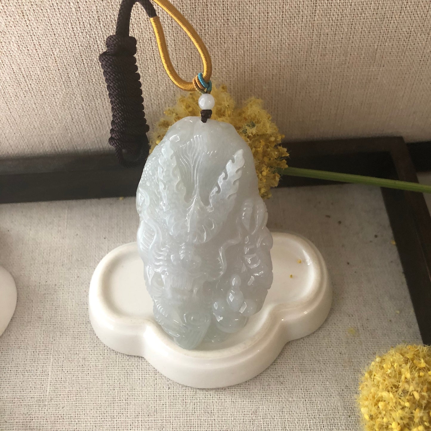 75mm Jadeite Jade Icy light green tone carved dragon Pendant