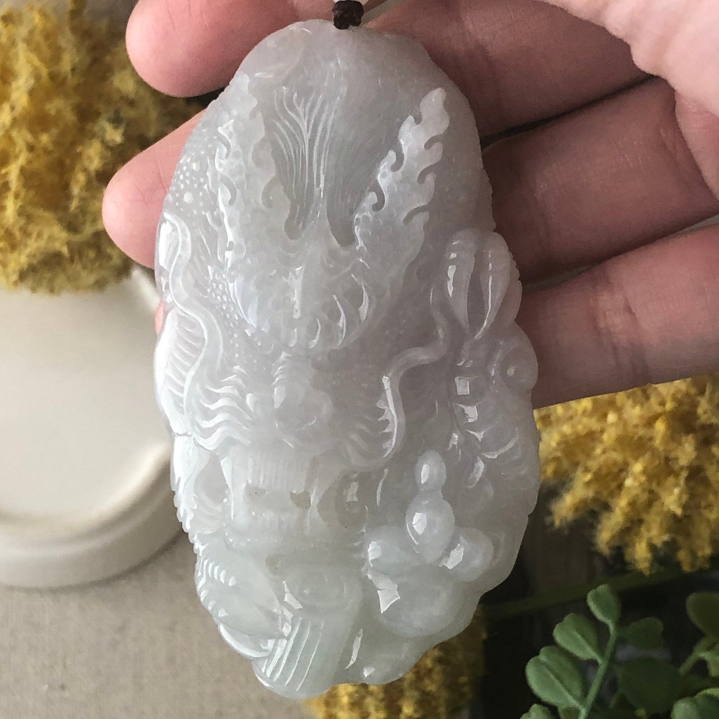 75mm Jadeite Jade Icy light green tone carved dragon Pendant
