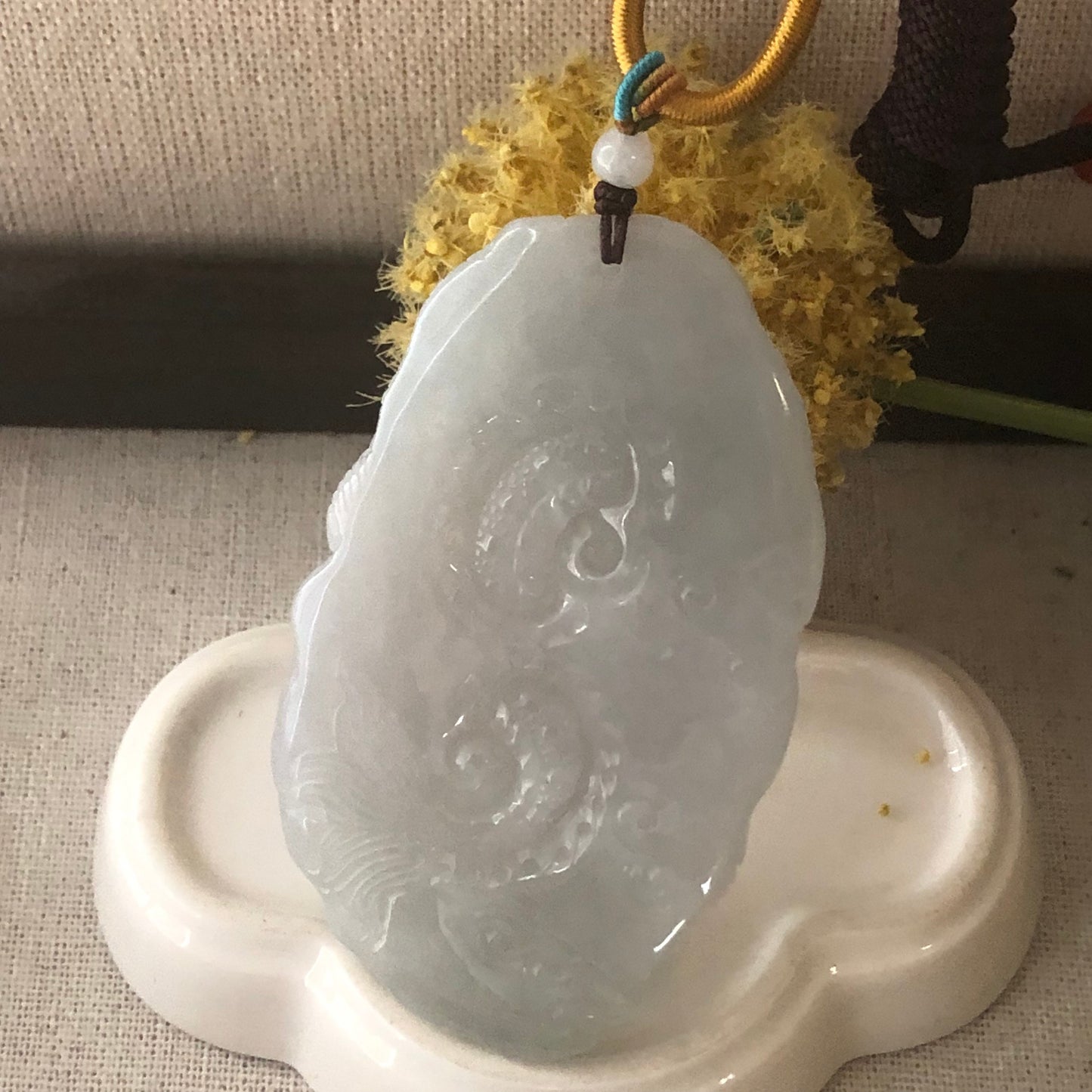 75mm Jadeite Jade Icy light green tone carved dragon Pendant