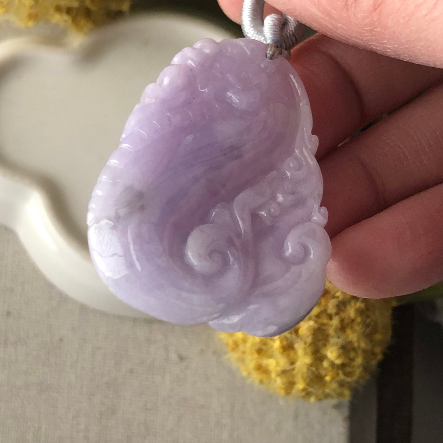 Reserved. 42.5mm Lavender Carved Ruyi Dragon Jadeite Jade Pendant