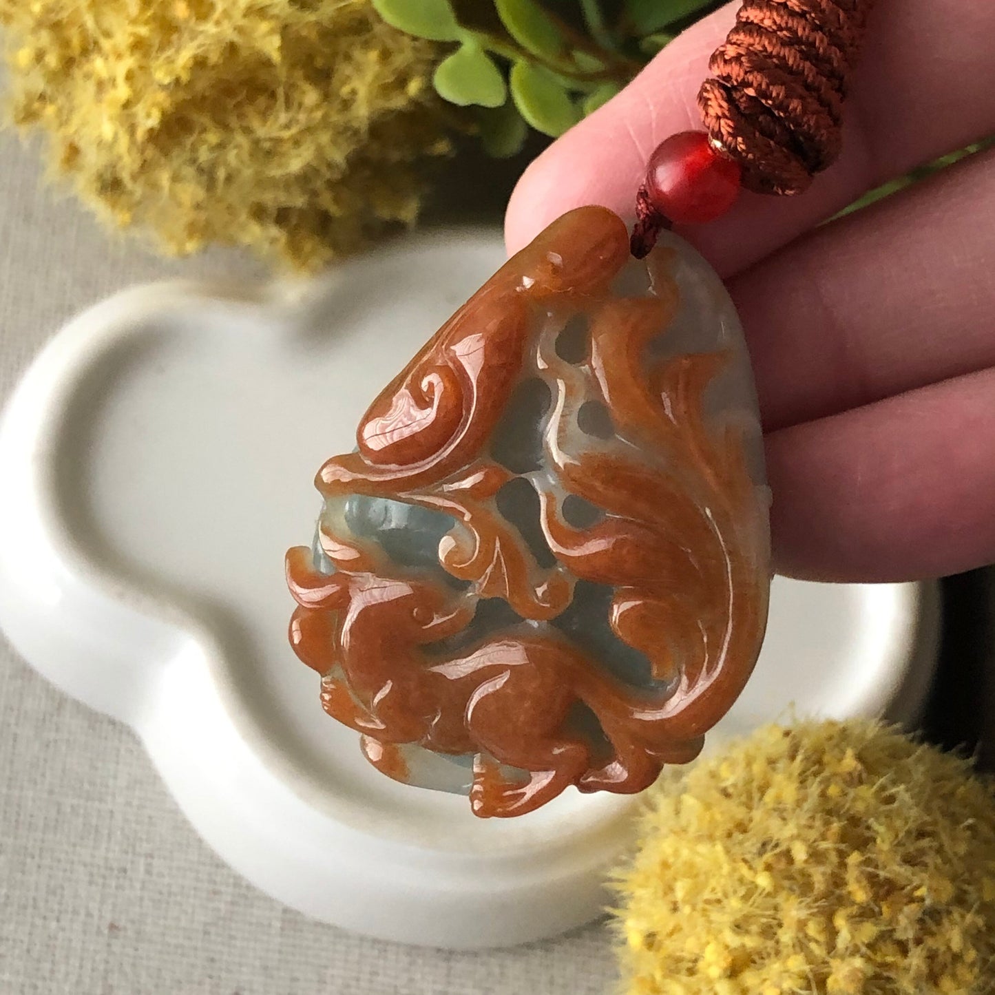 40mm Red Brown Carved Fox Tail Kitsune Jadeite Jade Pendant