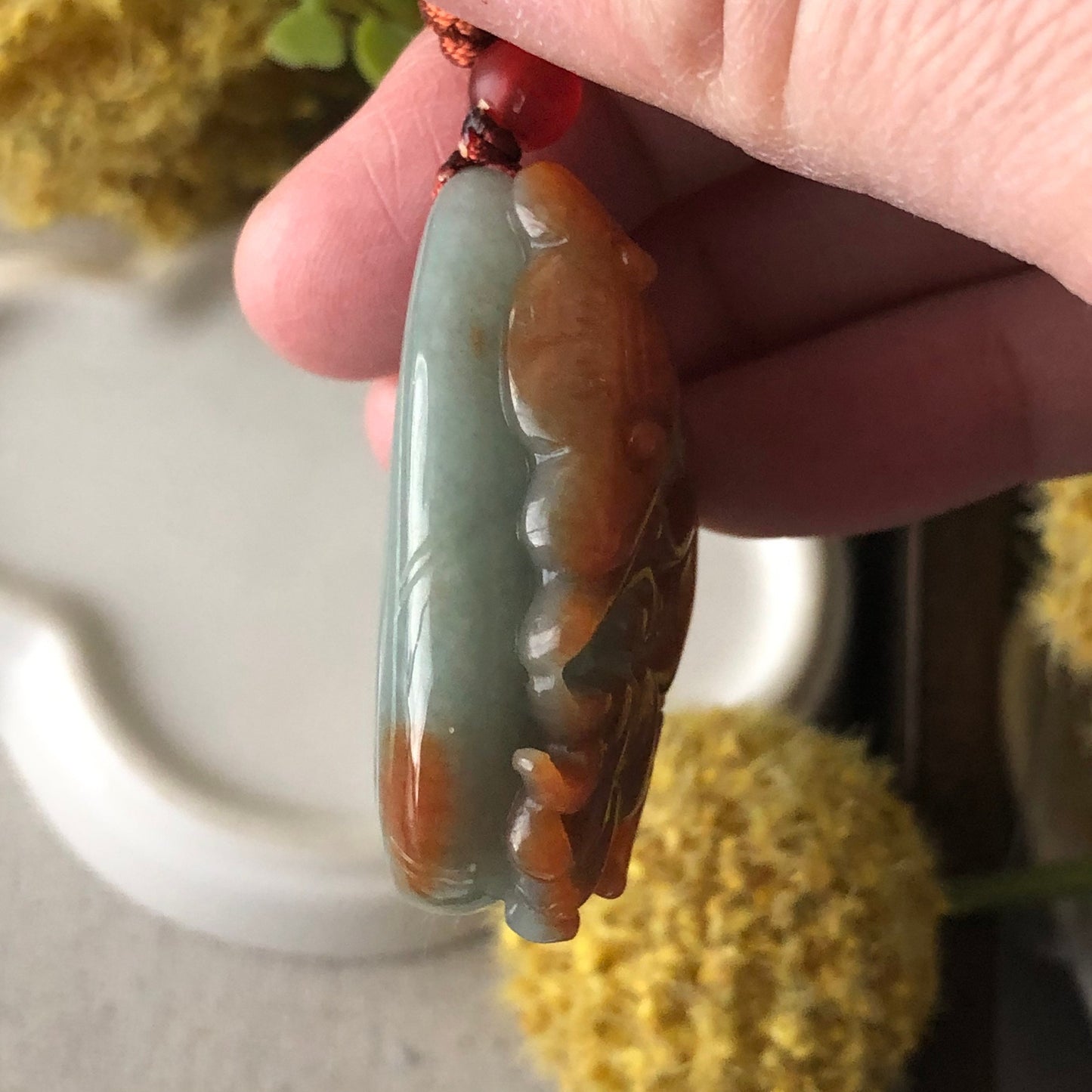 40mm Red Brown Carved Fox Tail Kitsune Jadeite Jade Pendant