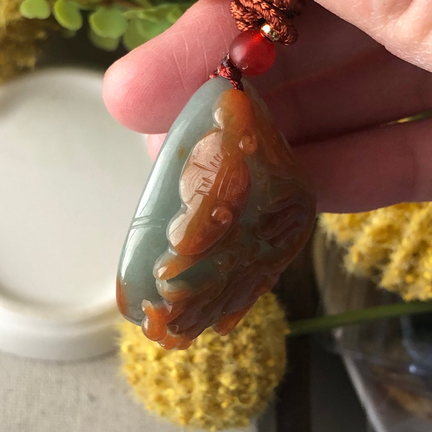 40mm Red Brown Carved Fox Tail Kitsune Jadeite Jade Pendant