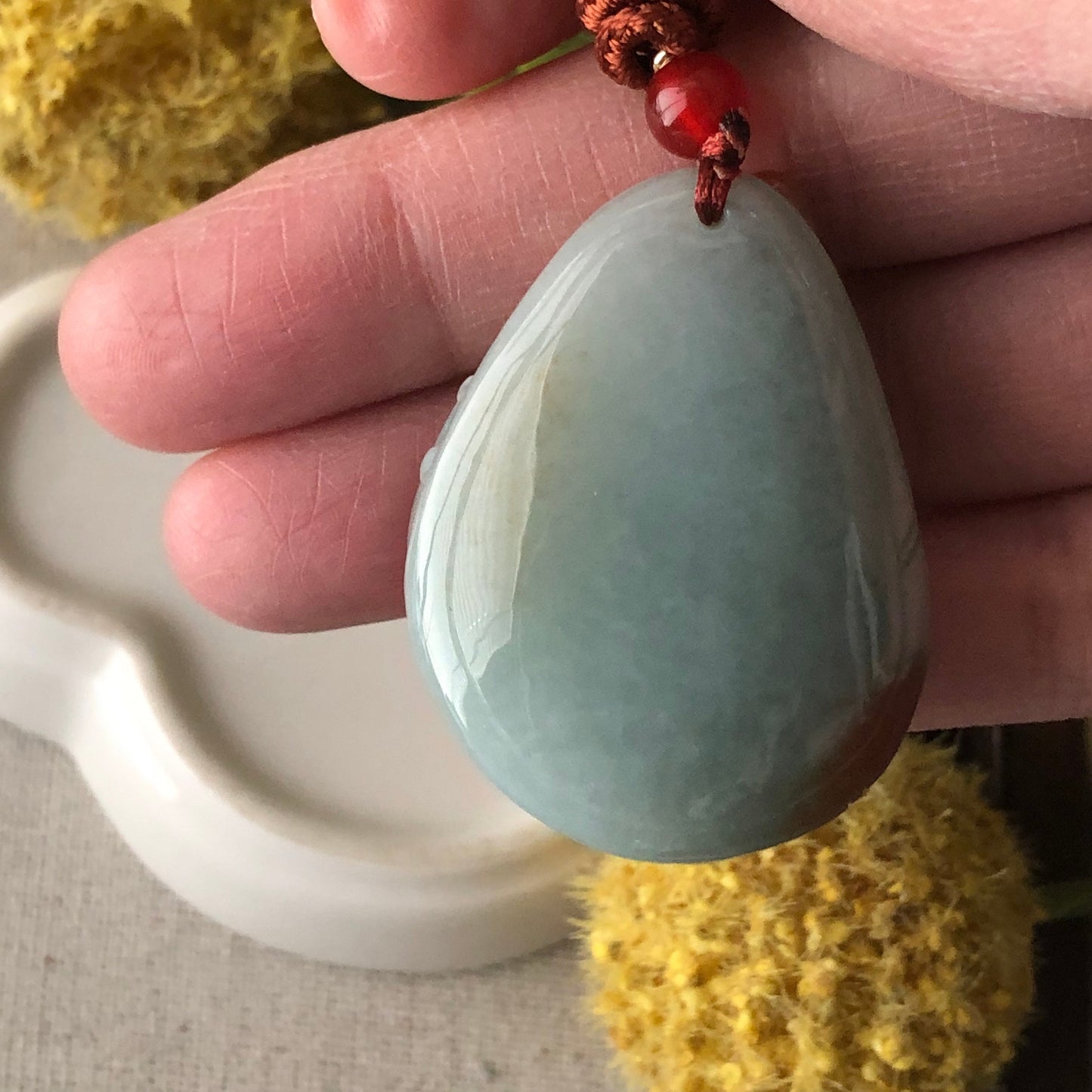 40mm Red Brown Carved Fox Tail Kitsune Jadeite Jade Pendant