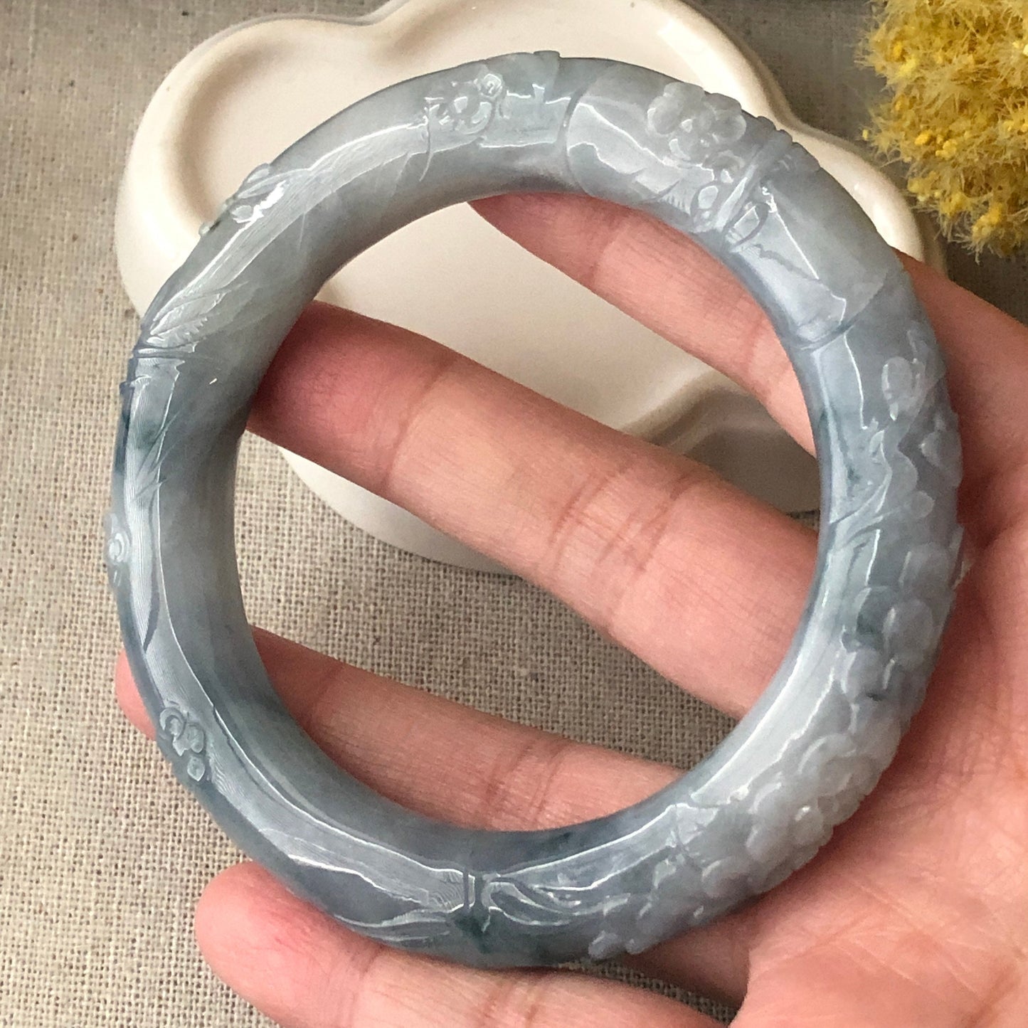 55-56mm Blue Float Flowers carved flowers Jadeite Jade Rounded Bangle