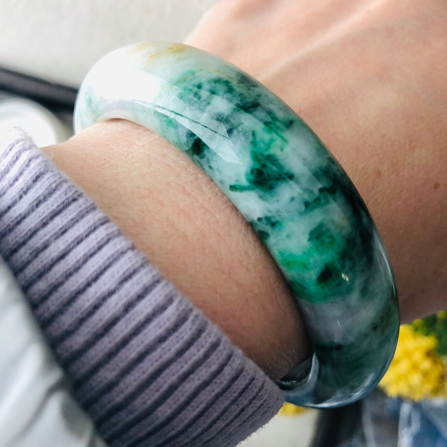 57mm Jadeite Jade Earthy Green Yellow Moss Bangle