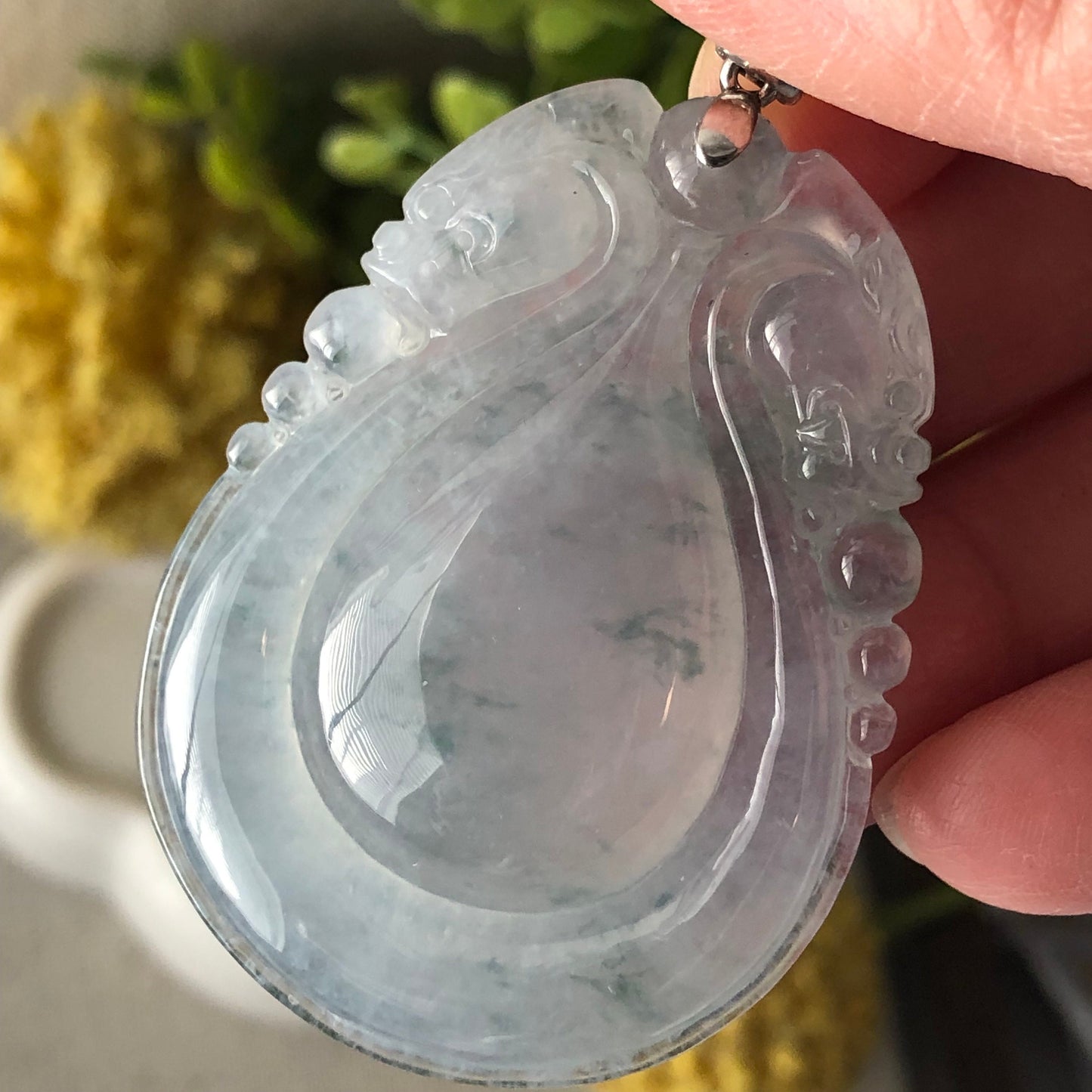 18K Icy Green Float Flowers Carved Dragon Water Drop Jadeite Jade Pendant
