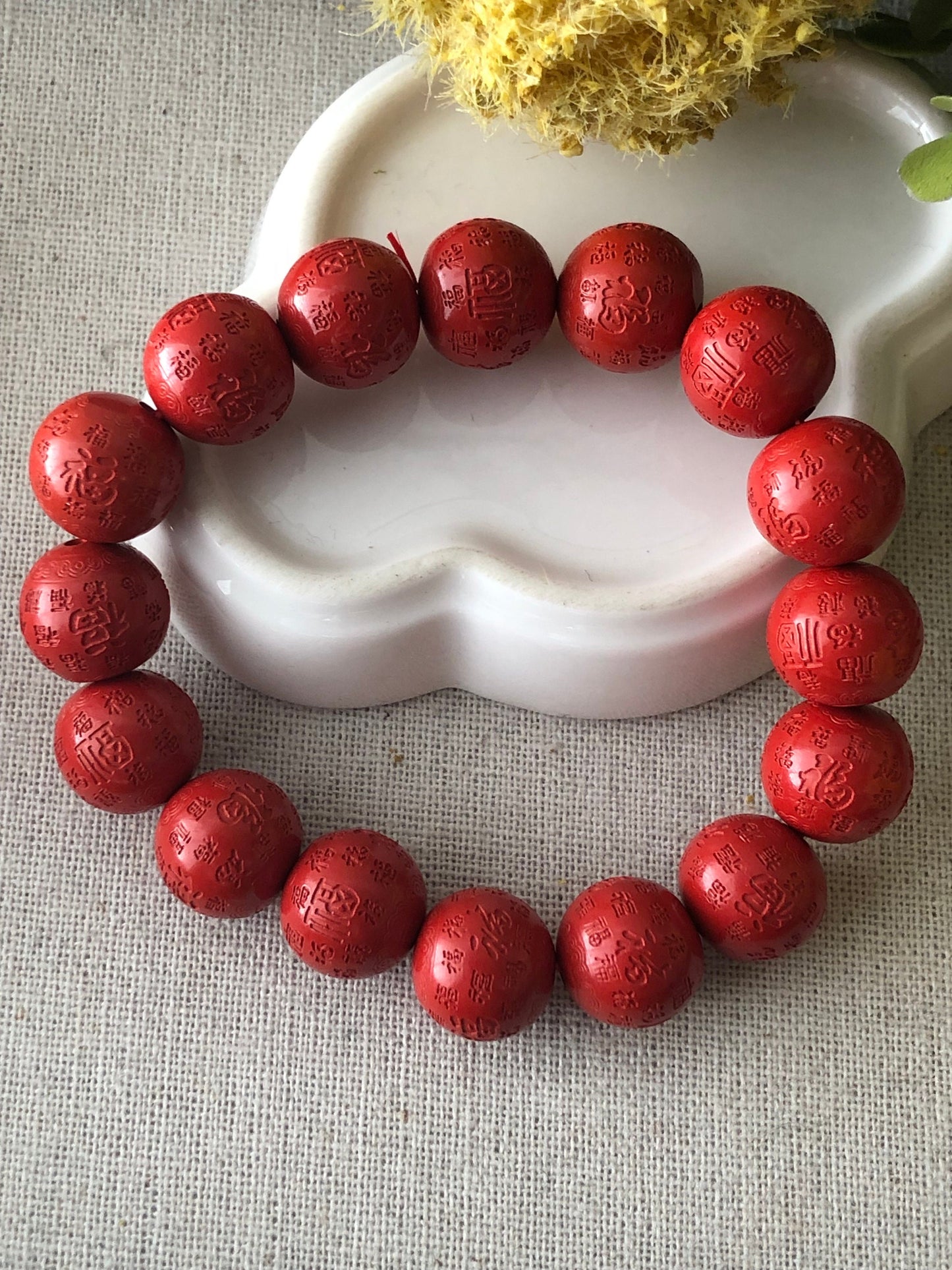 13.2 mm Red Carved Six Words Blessing Cinnabar Round Bead Bracelet