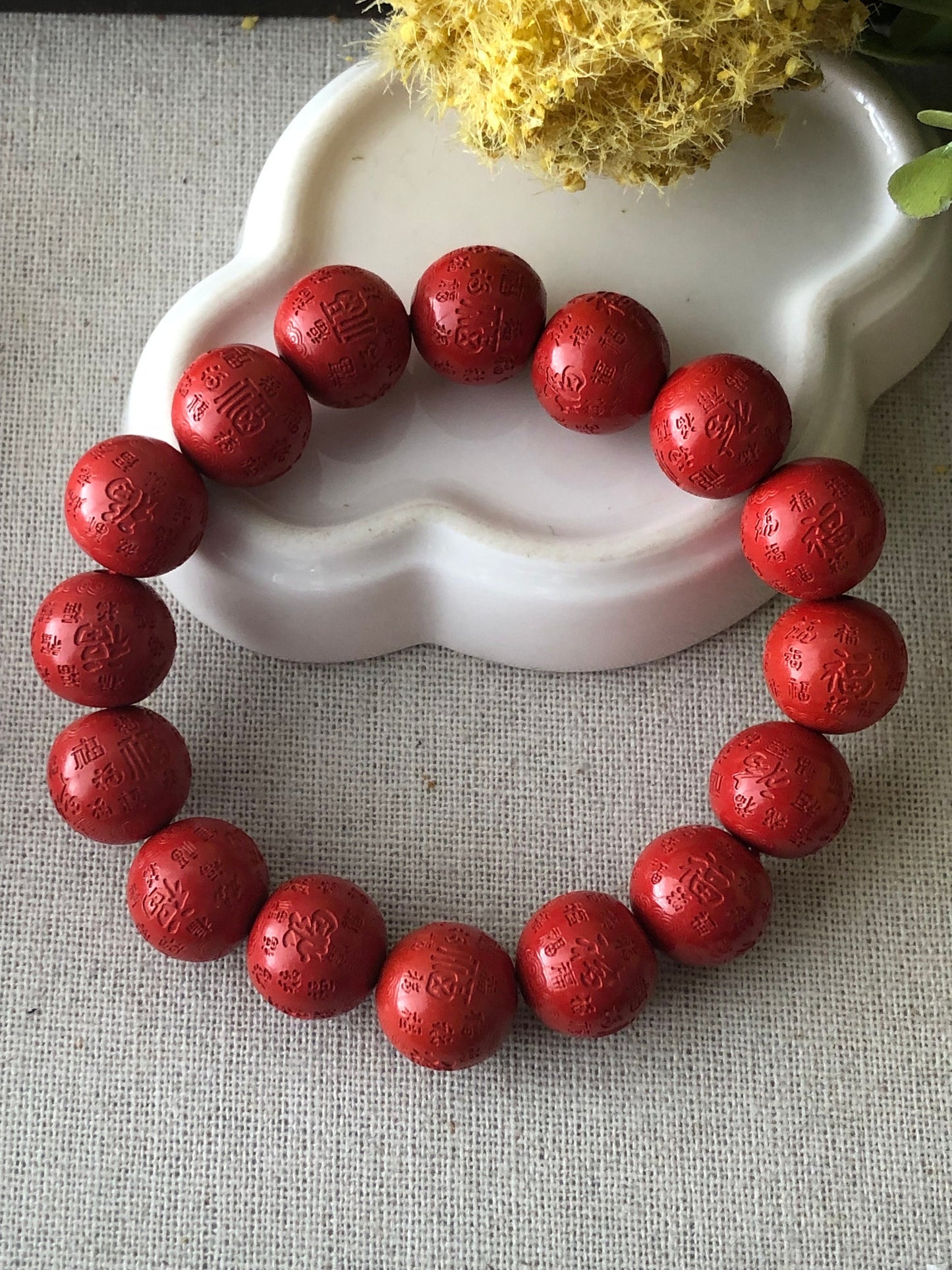 13.2 mm Red Carved Six Words Blessing Cinnabar Round Bead Bracelet