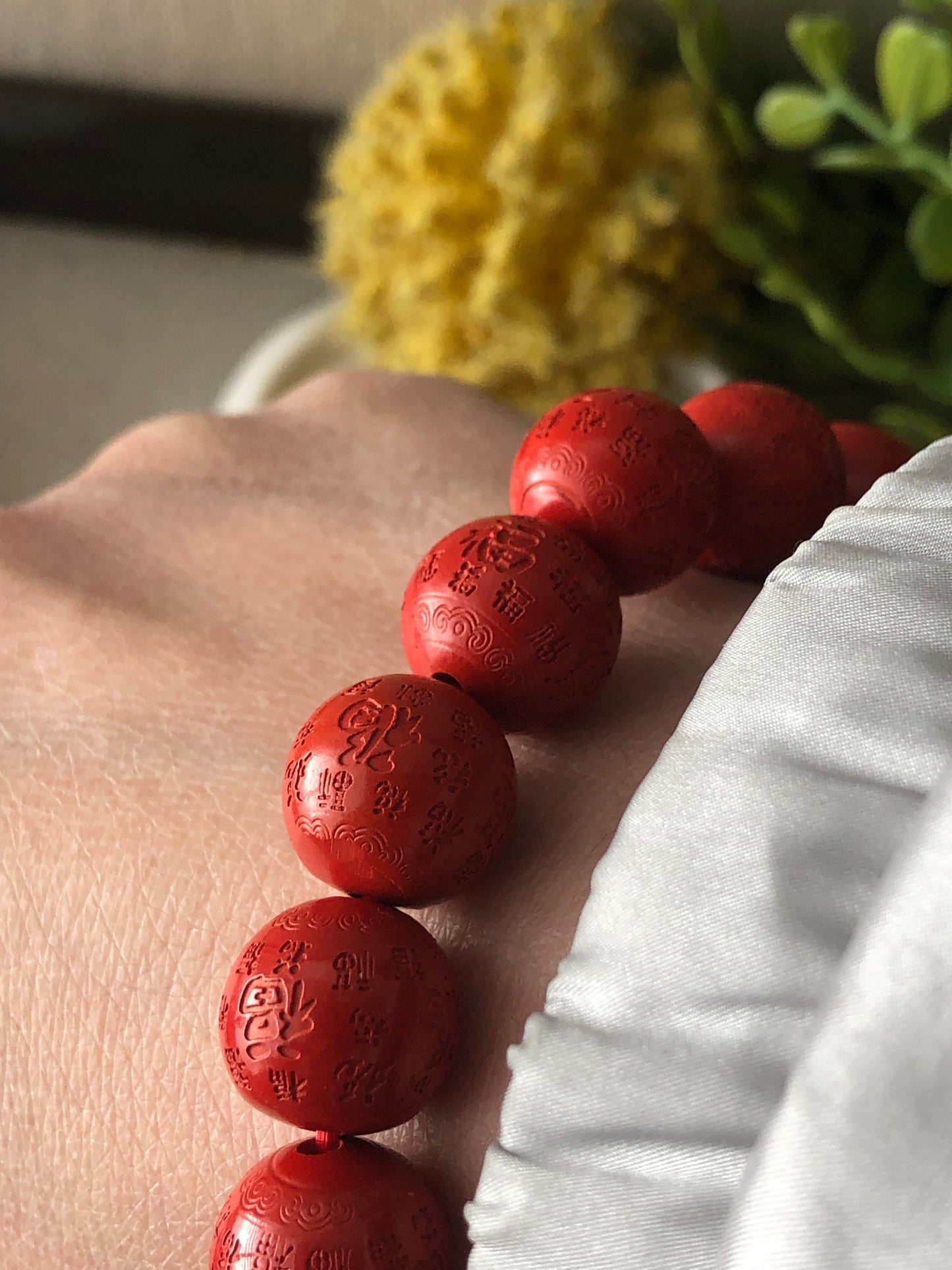 13.2 mm Red Carved Six Words Blessing Cinnabar Round Bead Bracelet