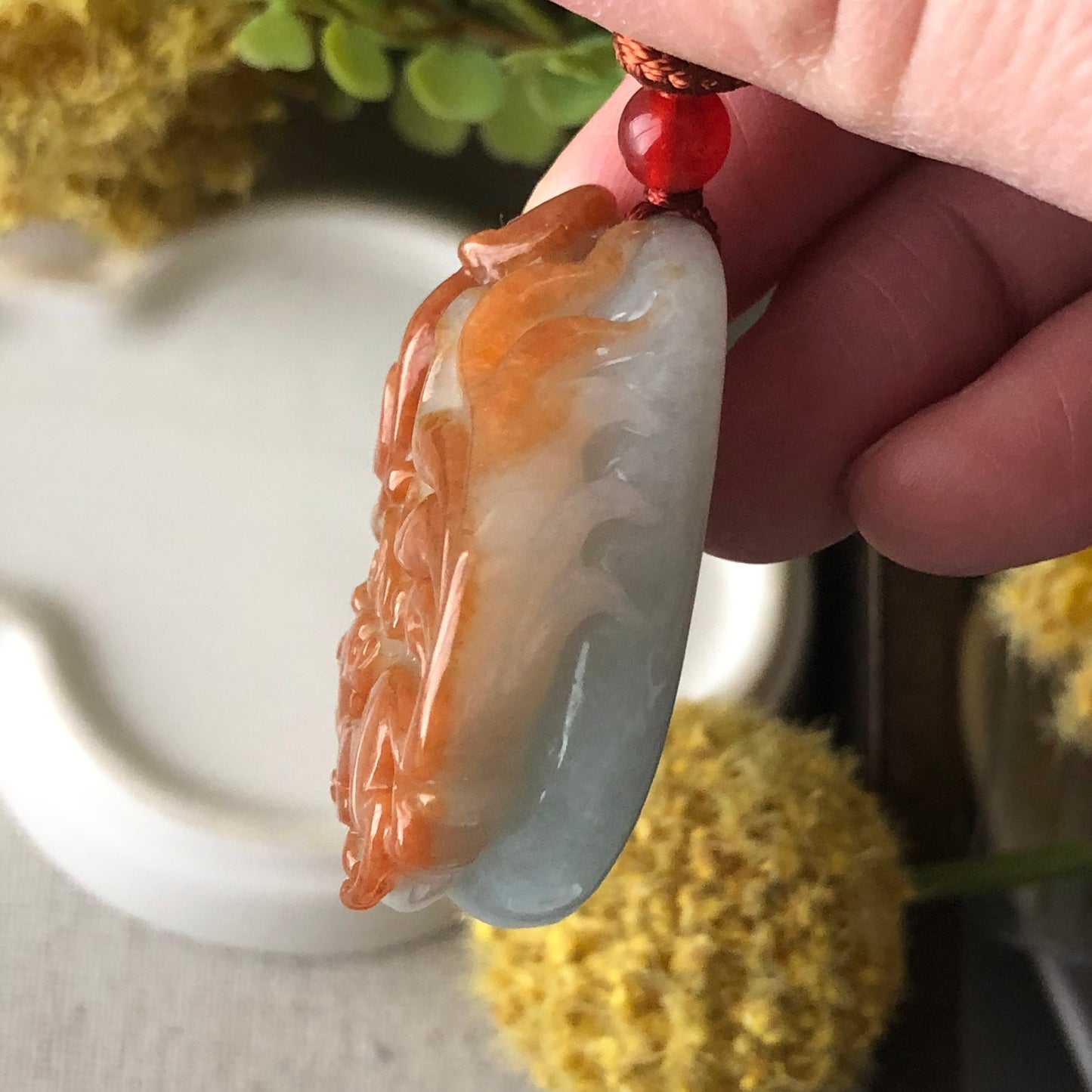 40mm Red Brown Carved Fox Tail Kitsune Jadeite Jade Pendant