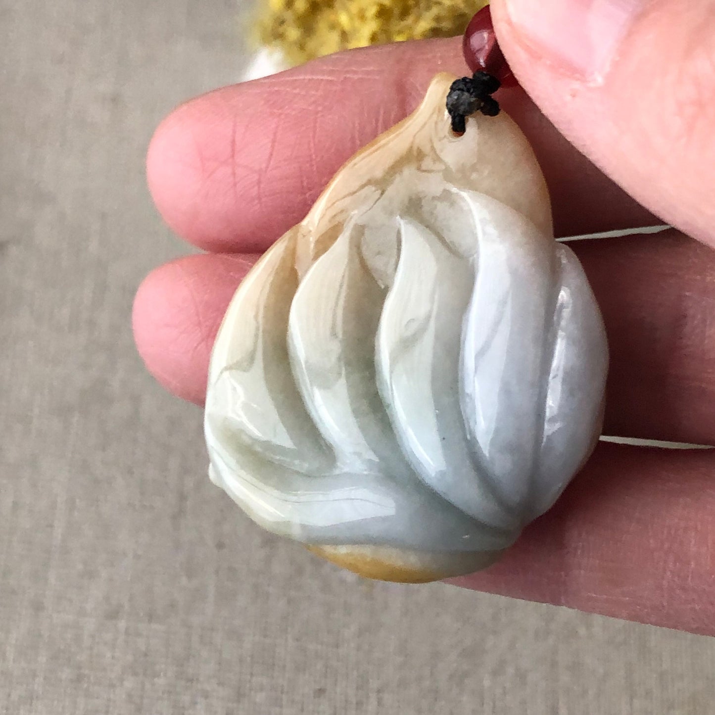 36.5mm Yellow Brown Carved Fox Tail Kitsune Jadeite Jade Pendant