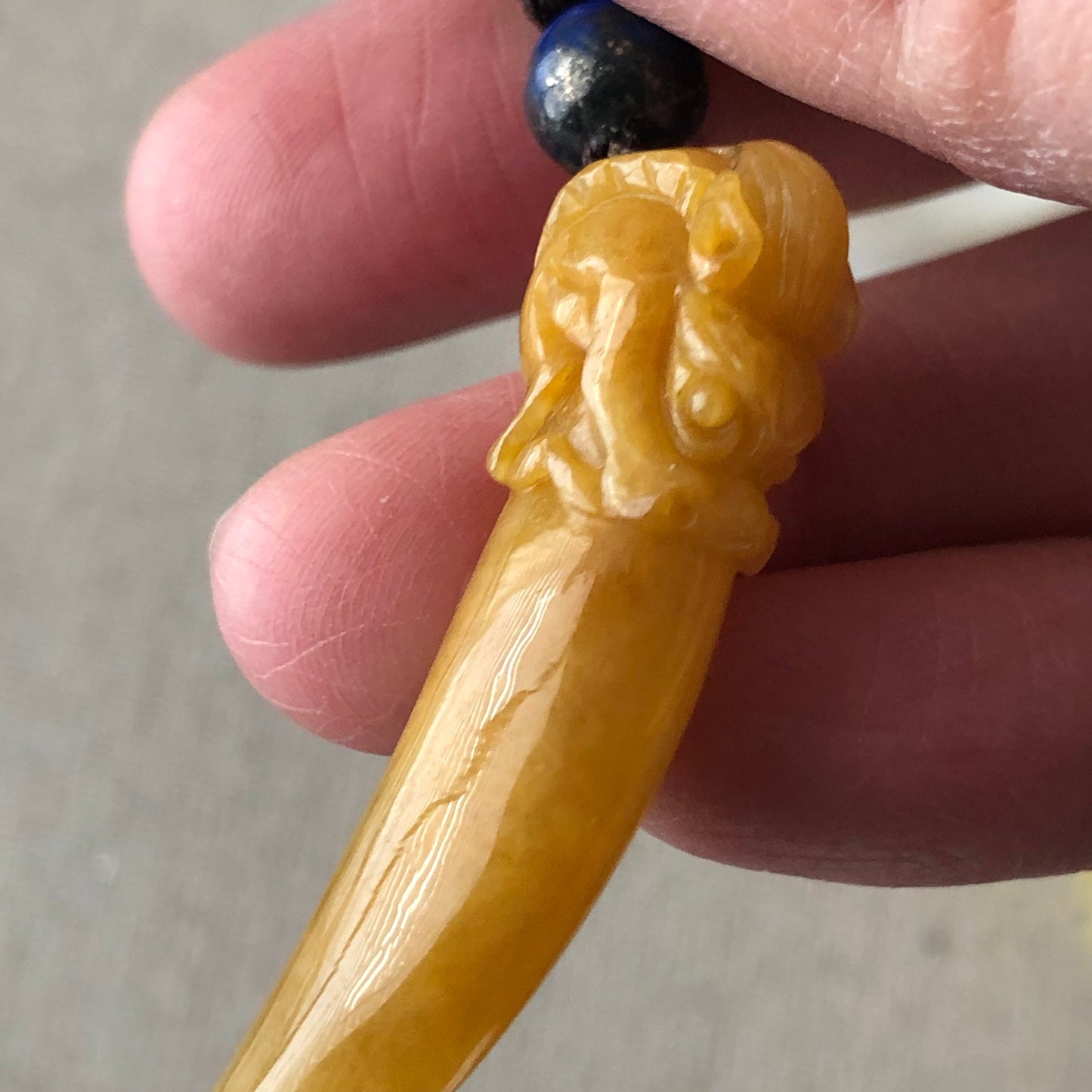 49mm Icy Yellow Carved Dragon Tooth Jadeite Jade Pendant