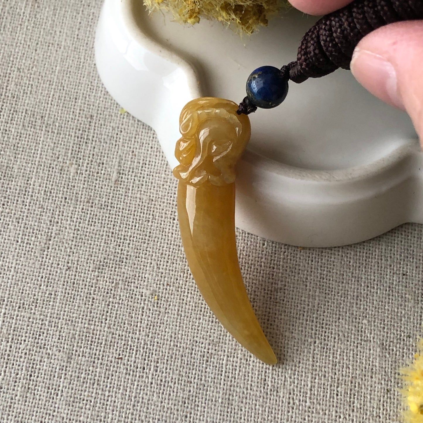 49mm Icy Yellow Carved Dragon Tooth Jadeite Jade Pendant