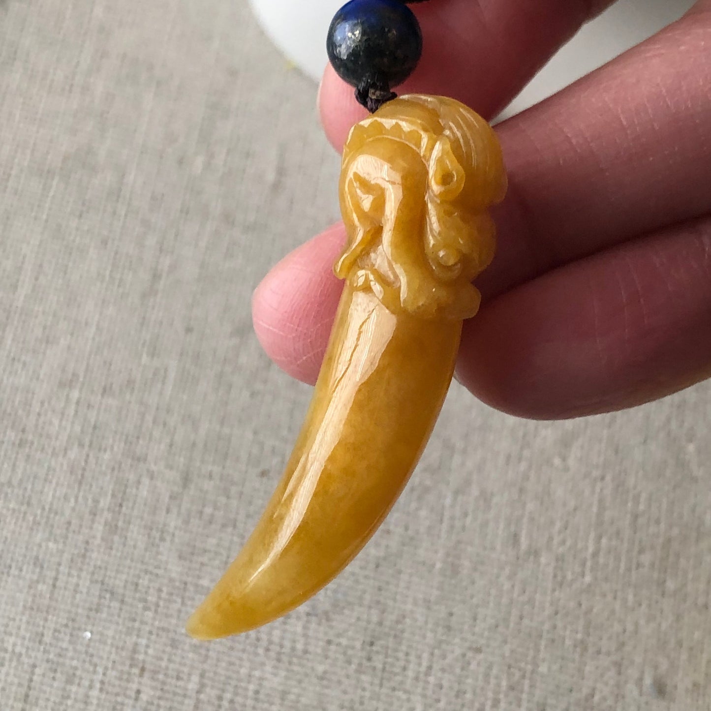 49mm Icy Yellow Carved Dragon Tooth Jadeite Jade Pendant