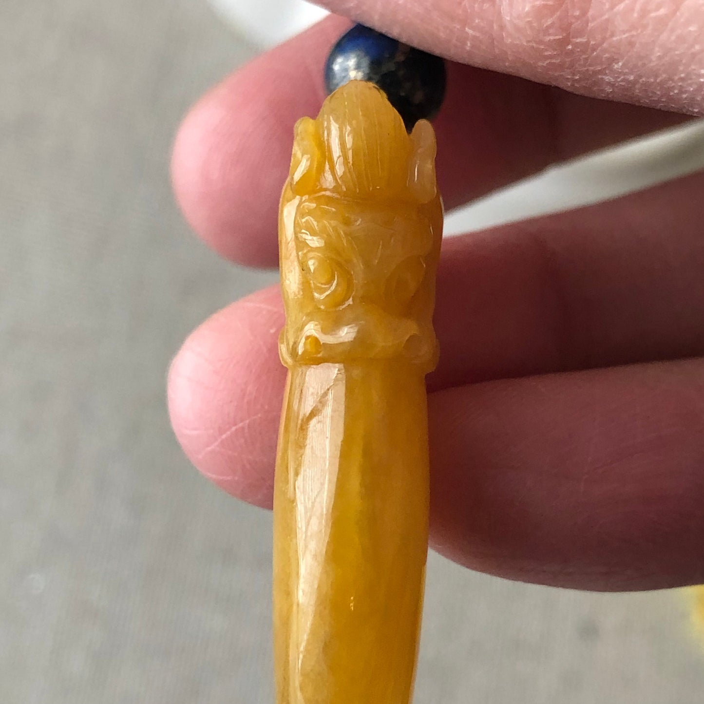 49mm Icy Yellow Carved Dragon Tooth Jadeite Jade Pendant
