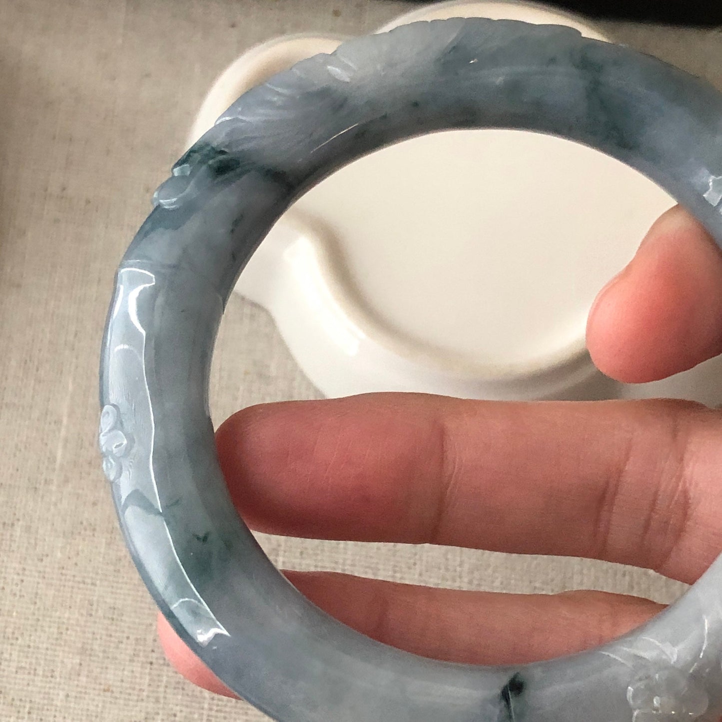 55-56mm Blue Float Flowers carved flowers Jadeite Jade Rounded Bangle