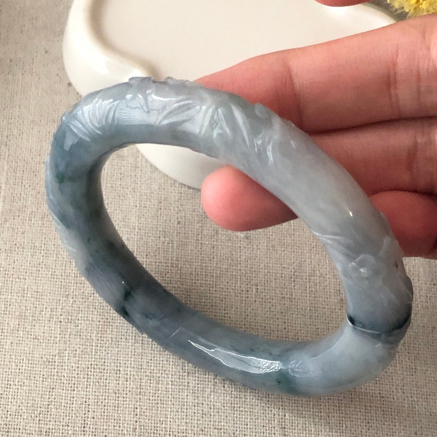 55-56mm Blue Float Flowers carved flowers Jadeite Jade Rounded Bangle