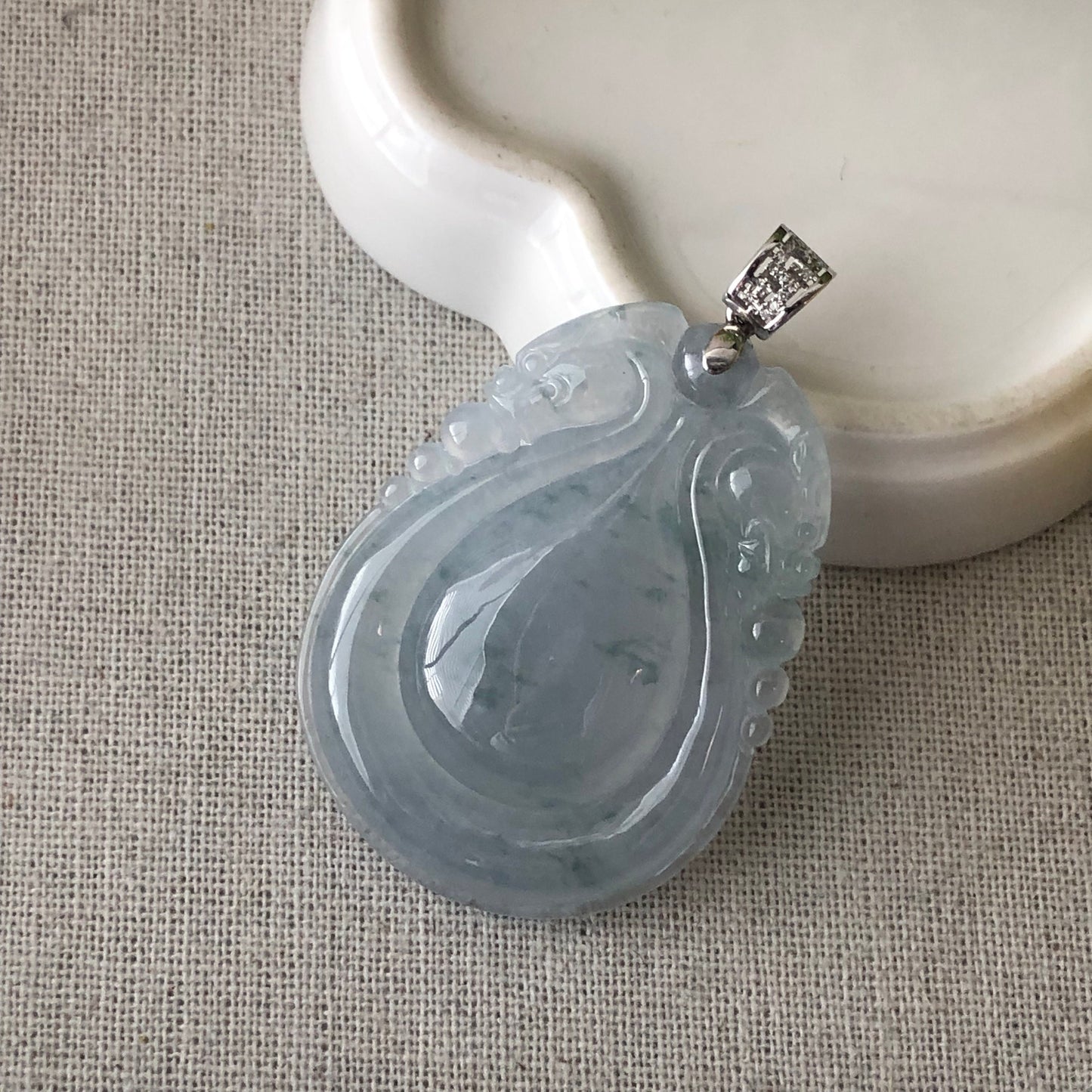 18K Icy Green Float Flowers Carved Dragon Water Drop Jadeite Jade Pendant