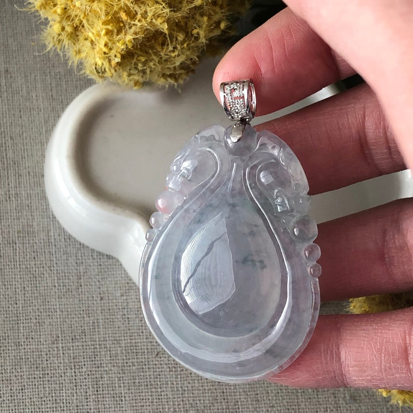 18K Icy Green Float Flowers Carved Dragon Water Drop Jadeite Jade Pendant