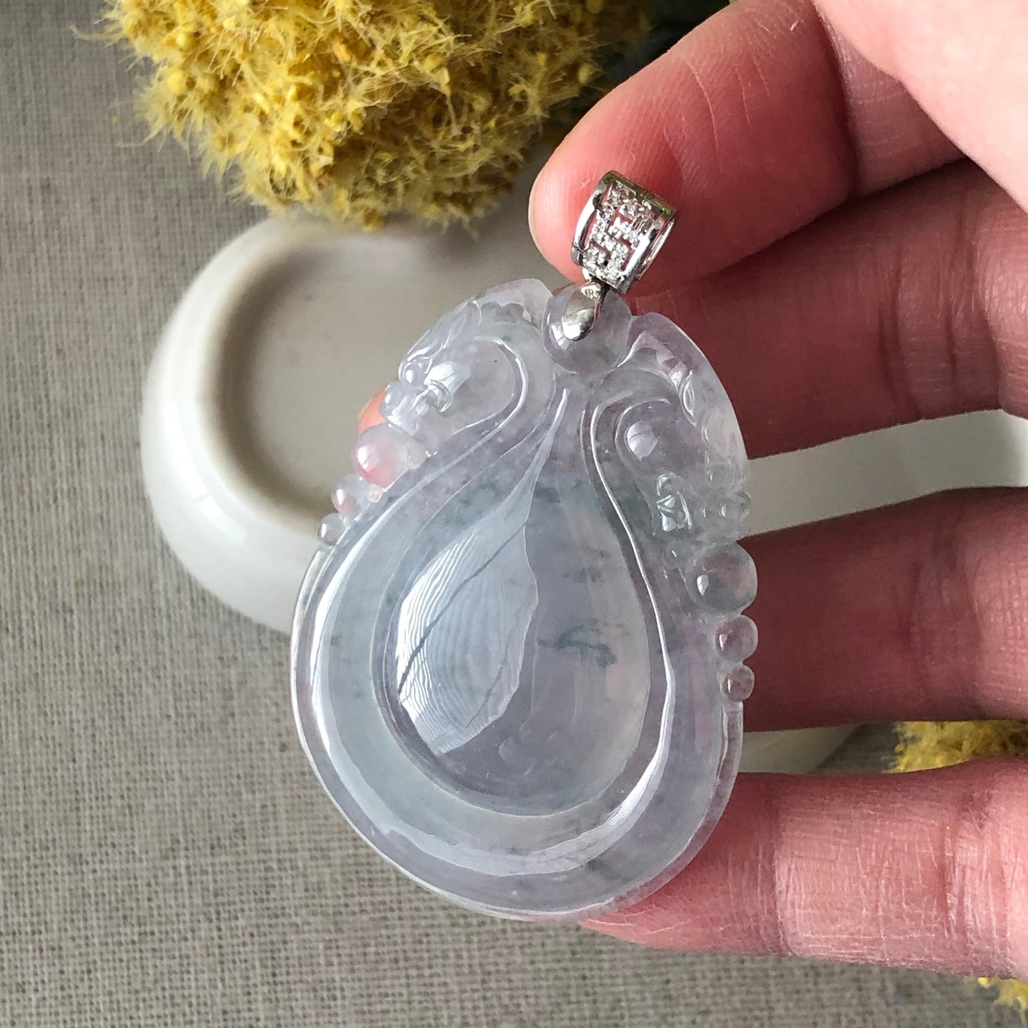 18K Icy Green Float Flowers Carved Dragon Water Drop Jadeite Jade Pendant