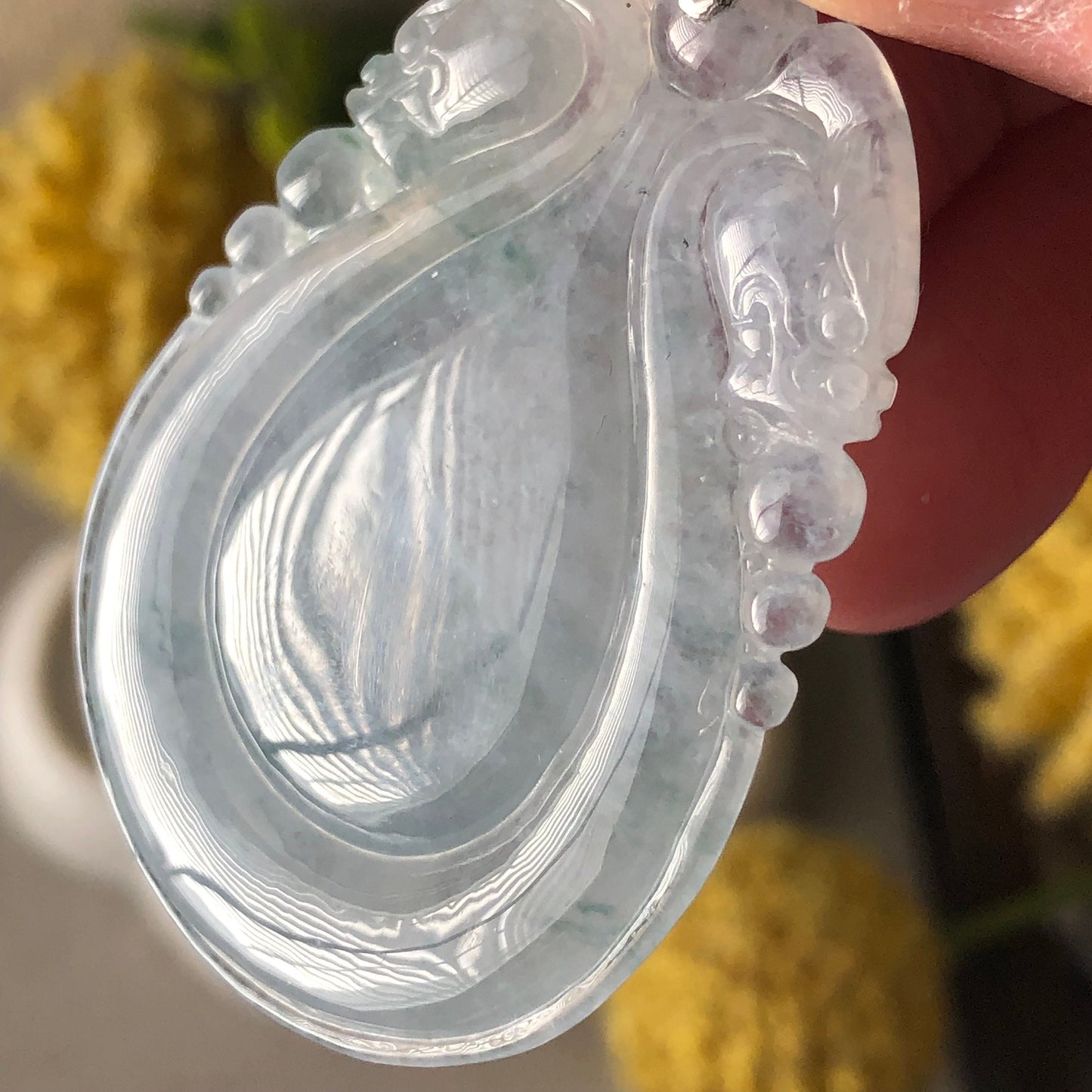 18K Icy Green Float Flowers Carved Dragon Water Drop Jadeite Jade Pendant