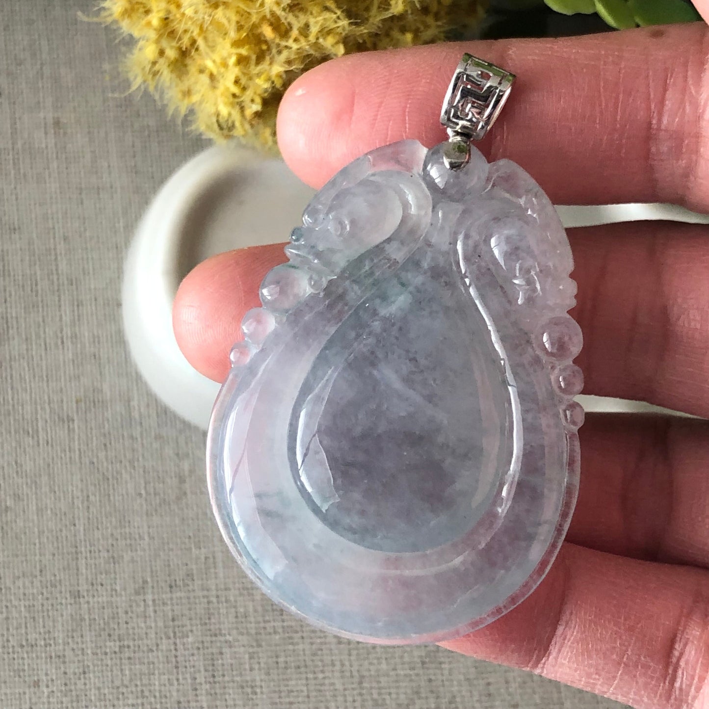 18K Icy Green Float Flowers Carved Dragon Water Drop Jadeite Jade Pendant