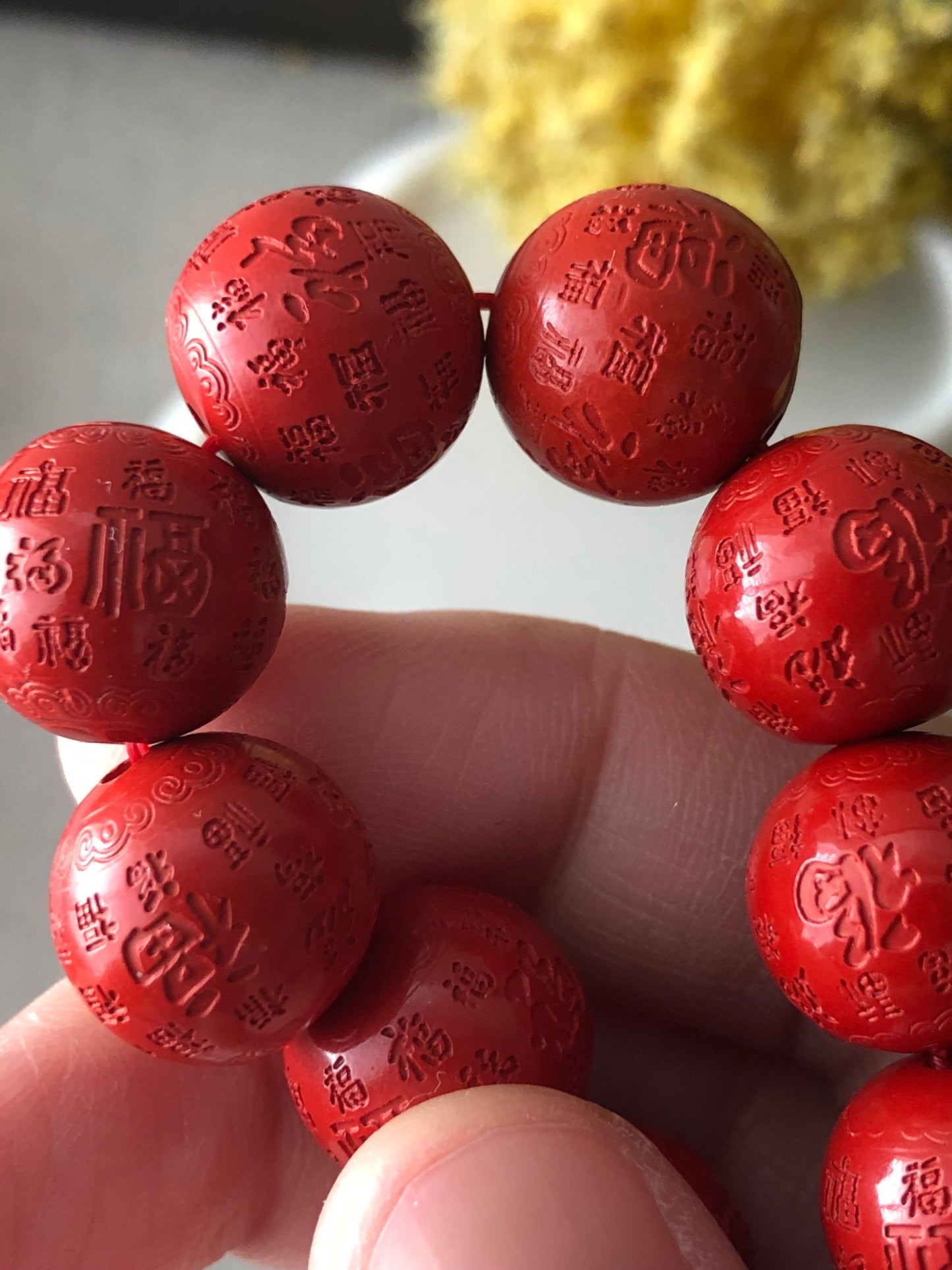 13.2 mm Red Carved Six Words Blessing Cinnabar Round Bead Bracelet